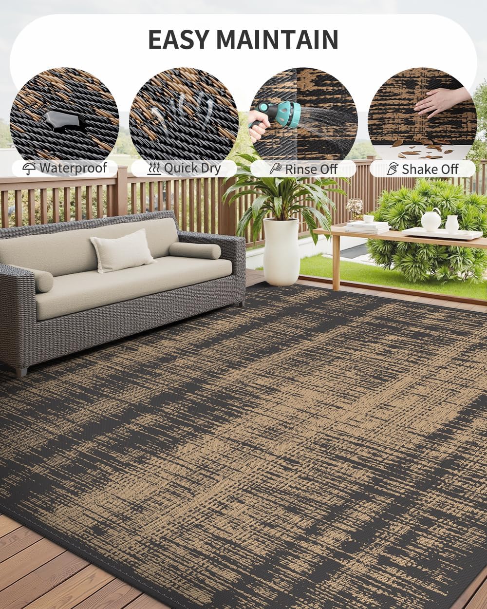 MontVoo Outdoor Rug Waterproof 5x8 ft Outdoor Carpet Patio Rug Mat Reversible RV Camping Rug Plastic Straw Outside Rug for Balcony Porch Deck Picnic Beach Modern Black Brown