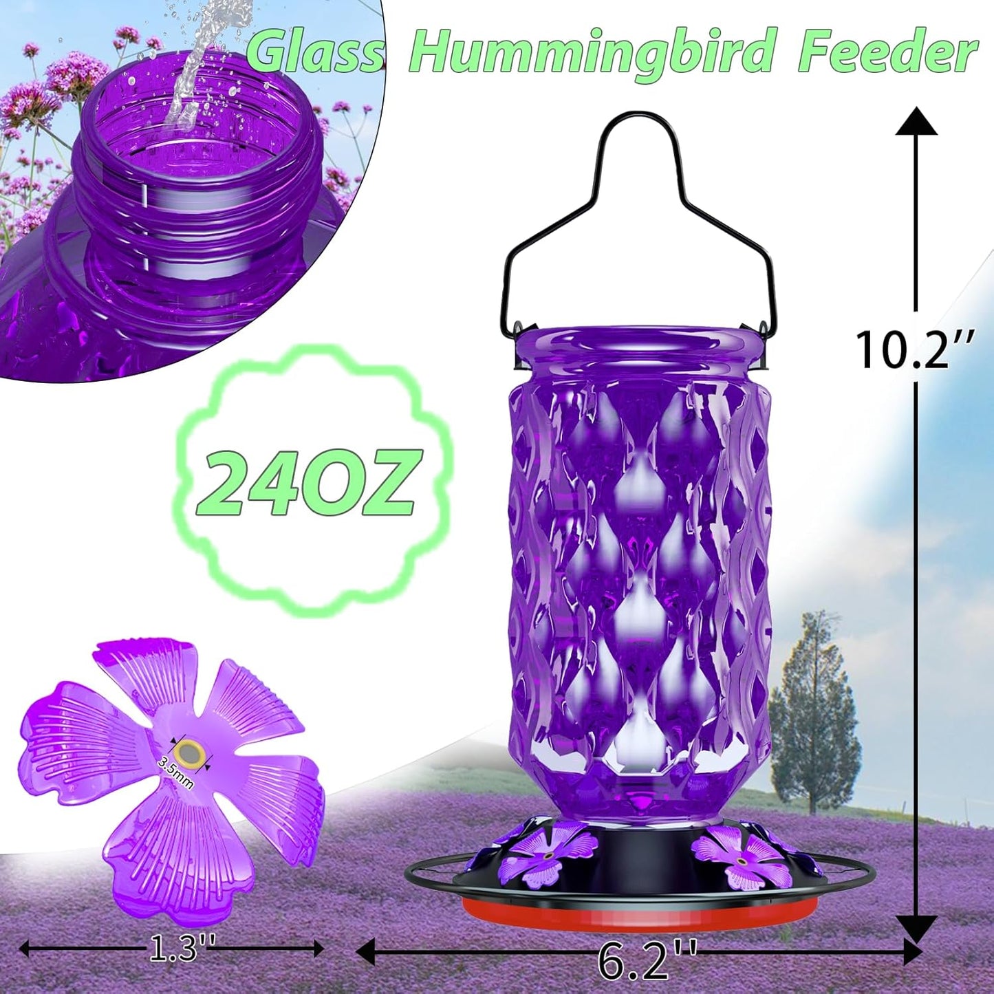 24OZ Glass Hummingbird Feeders for Outdoors Hanging,Five Feeding Ports with Perch, Leak Proof for Gardens Decor Backyard, Bird Feeder for Outside, Birthday Gifts for Women Men, Gifts for Mom Dad
