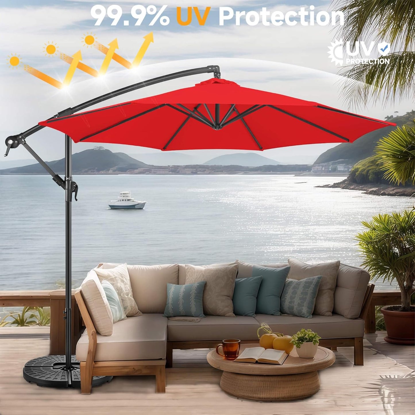 FLAME&SHADE 10ft Cantilever Patio Umbrella Outdoor, Large Offset Umbrella with Crank and Cross Base, UPF 50+ UV Protection Hanging Umbrella for Pool Deck Garden, Red