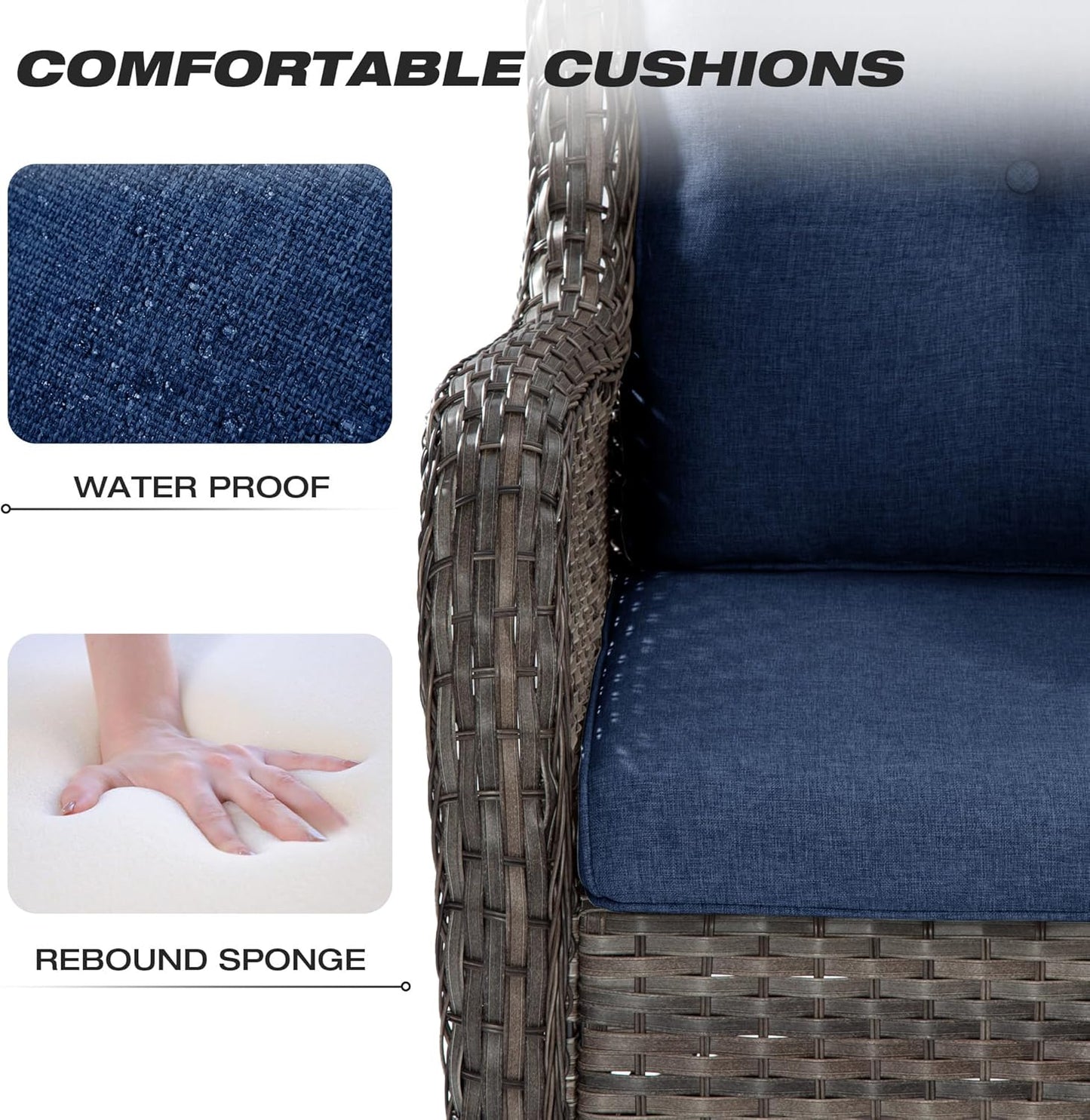Joyside Wicker Patio Furniture Sets 7 Piece Set with One 3-Seat Sofa, Four Armchairs, Two Ottomans, Wicker Outdoor Furniture Sectional Conversation Set(Mixed Grey/Blue)
