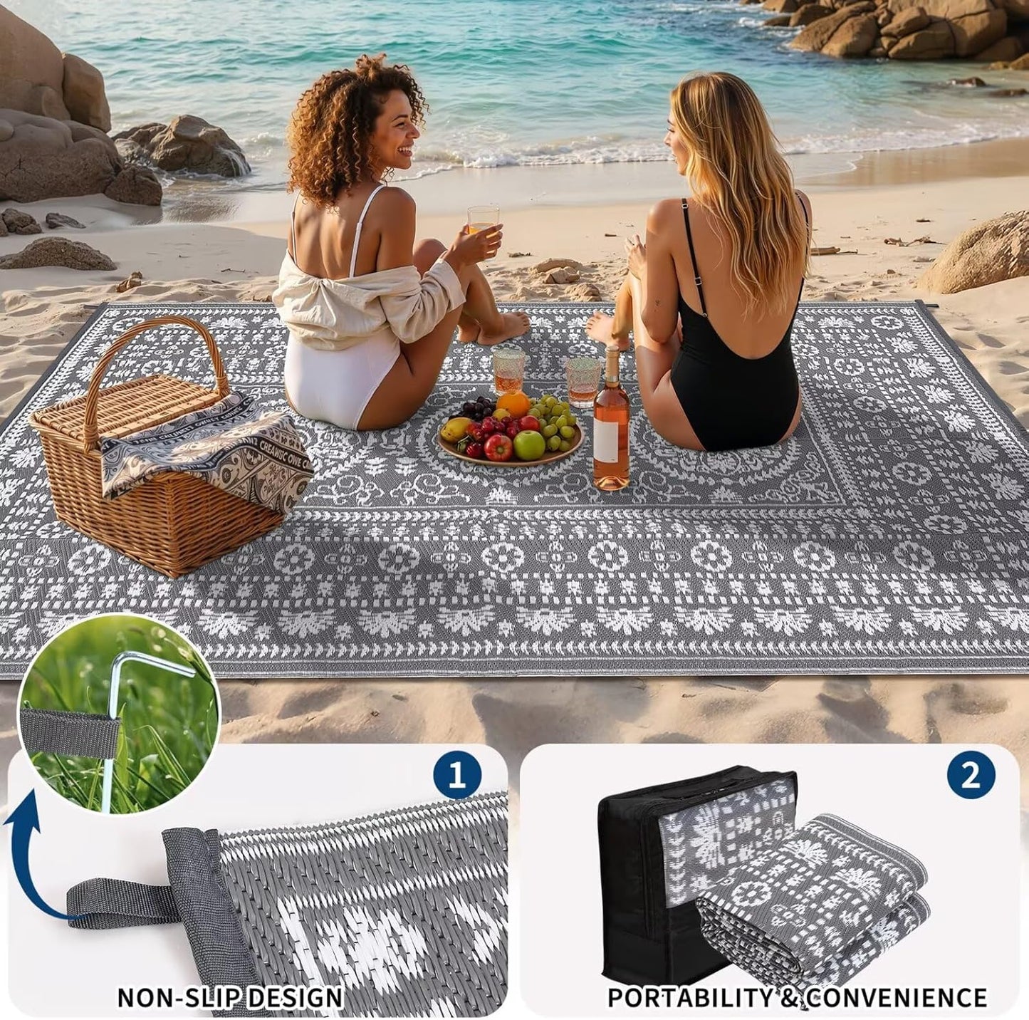 Garvee Reversible Outdoor Rug 5x8 for Patio, Waterproof Outdoor Area Rug, Boho Medallion Indoor Outdoor Carpet for Porch, Plastic Straw Rug for RV, Camping, Deck, Vintage Grey