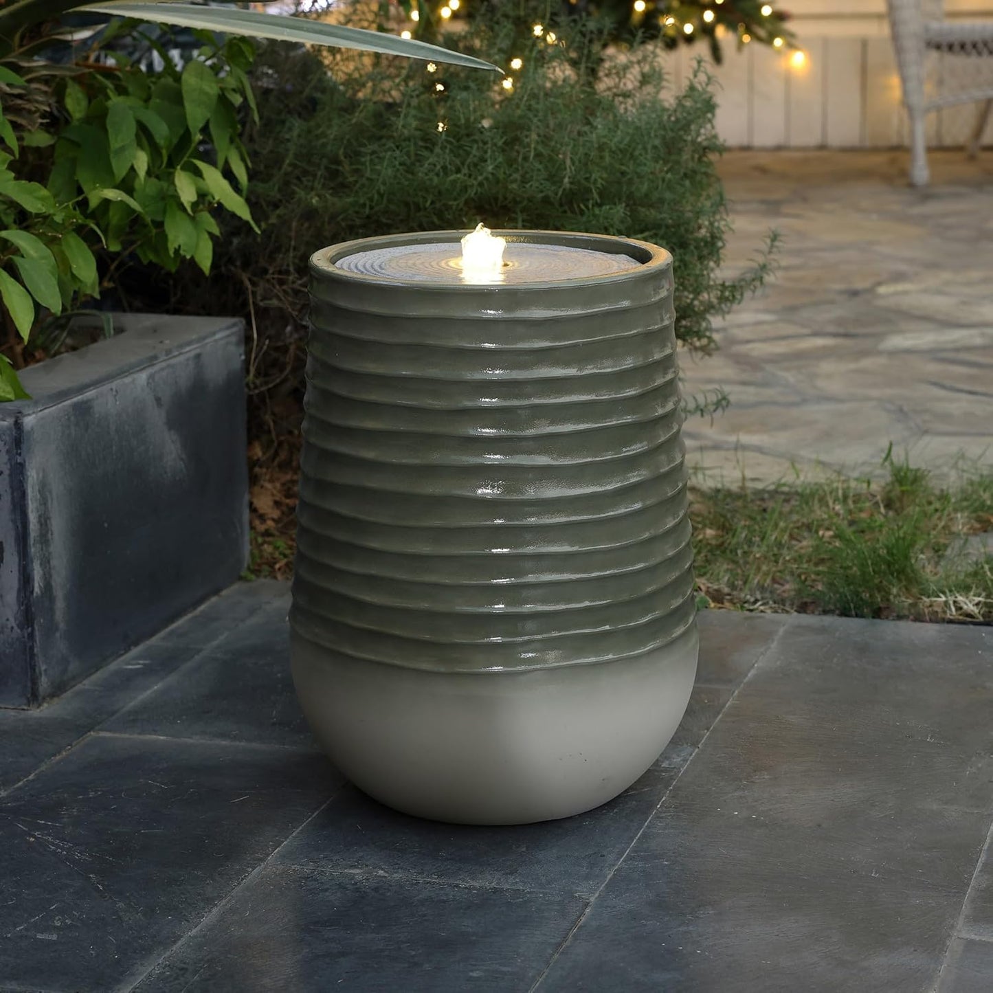 LuxenHome 20" Water Fountain Outdoor with LED Light, Modern Bubbling Garden Water Fountains with Gradient Color, Resin Outdoor Waterfall Fountains with Ceramic Like Glaze for Yard, Patio, and Porch