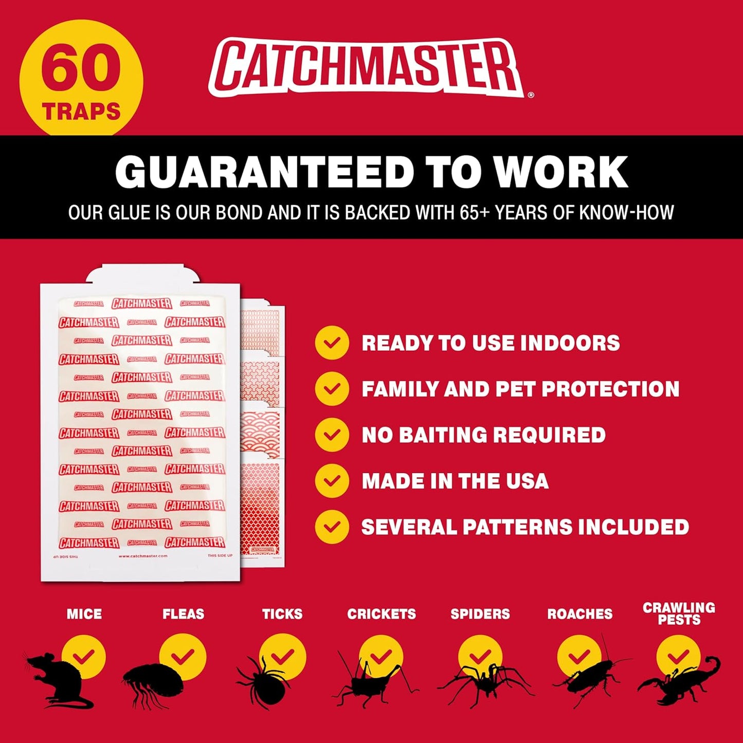 Catchmaster Pro Strength Mouse & Insect Glue Boards 60pk Traps Indoor for Home, Adhesive Bug Catcher, Rat & Rodent Sticky Trap, Non Toxic Bulk Pre-Baited Glue Traps, Pet Safe House Pest Control