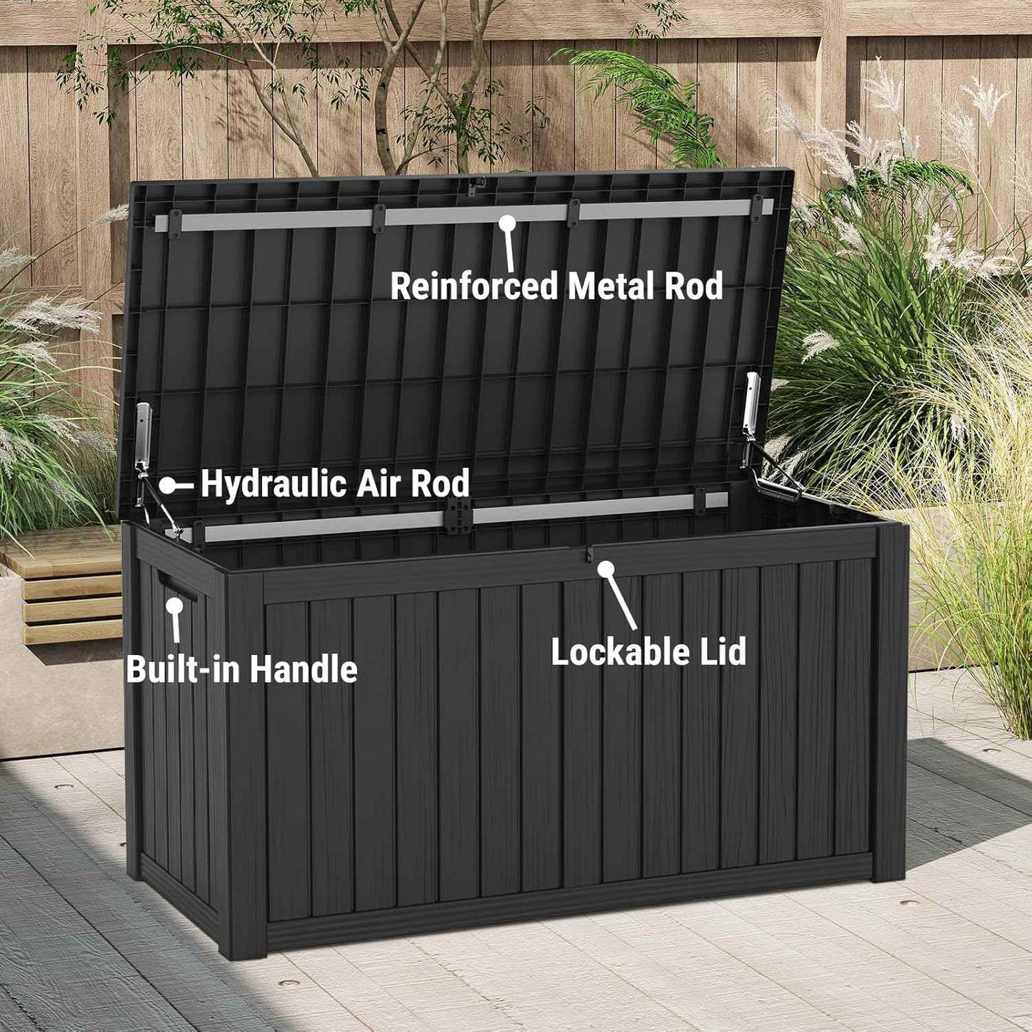 Mars Villa 150 Gallon Outdoor Storage Box, Large Resin Deck Box, Waterproof Storage Bin with Lockable Lid, Ideal for, Outdoor, Patio Furniture Cushions, Pool Supplies, Garden Tools, Black