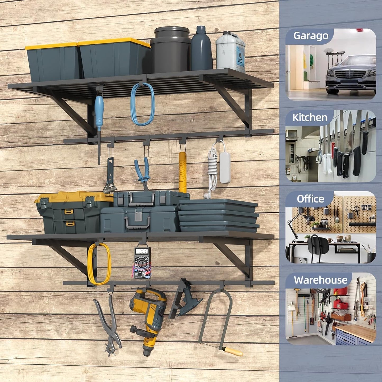2-Pack 2x4ft Garage Shelving Wall Mounted, Heavy Duty Garage Storage Shelves with 12 Hooks, 2' x 4' Wall Mount Shelves with 500LBS Capacaity