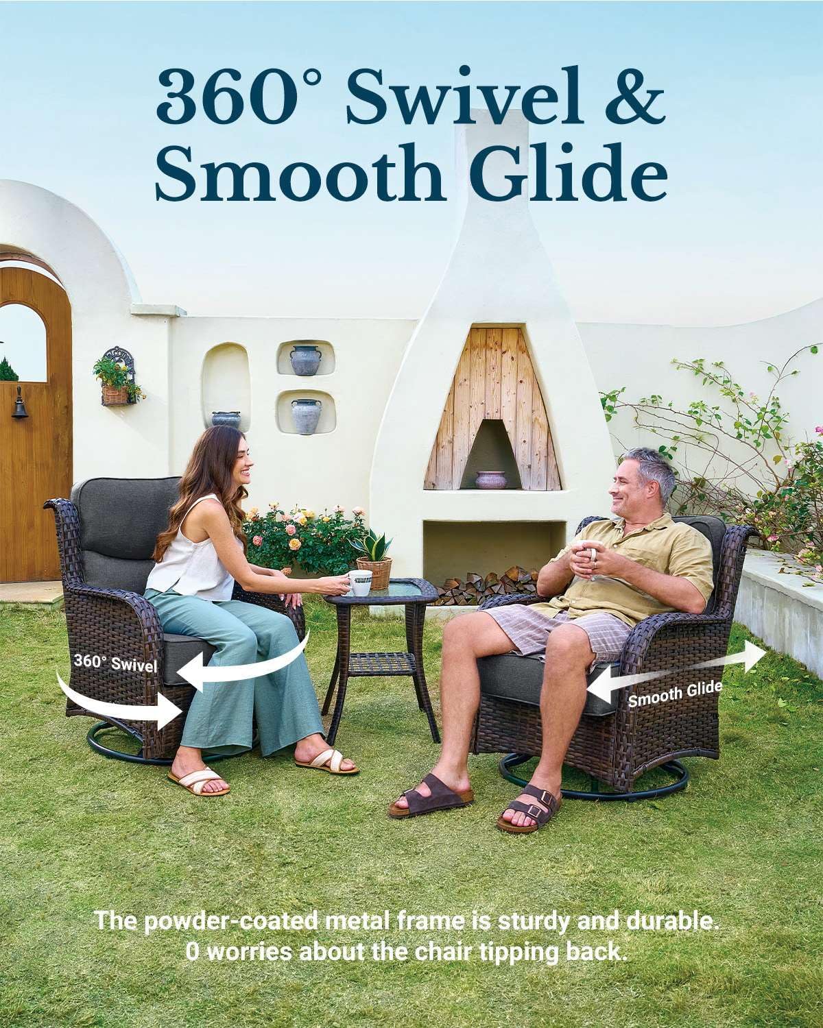 HILLGA Luxury Patio Furniture Set with 6-inch Thick Cushion, Outdoor High Back Swivel Rocker Patio Chairs, 2PCS Wicker Conversation Set for Deck Yard and Poolside, Dark Grey (V2)