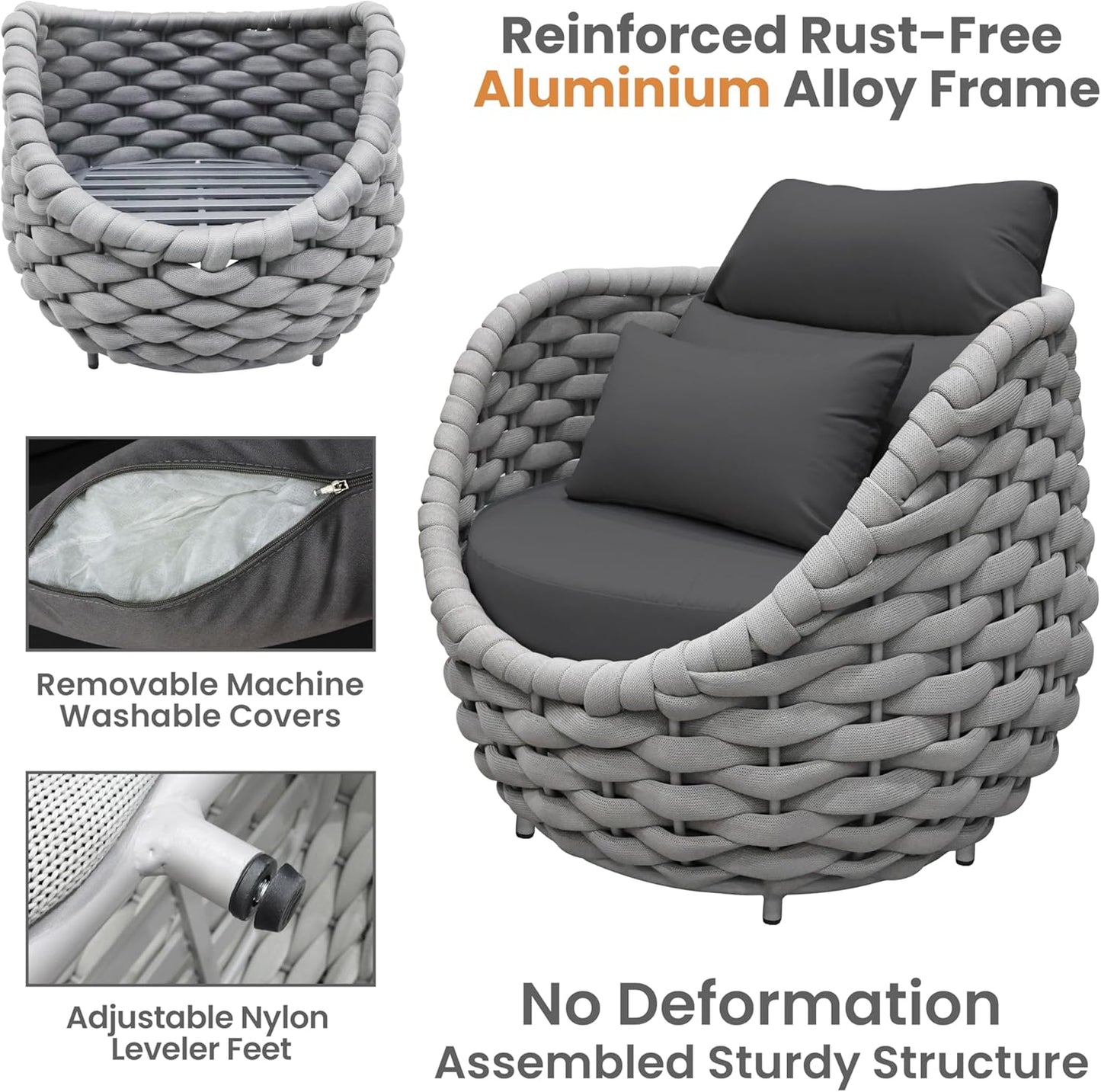4 Pieces Assembled Patio Conversation Sets, Hand Woven Rope Outdoor Furniture Sofa Set - Aluminum Modern Cushions Couch Armchair Table Set - All Weather for Indoor Deck Porch Backyard Hotel