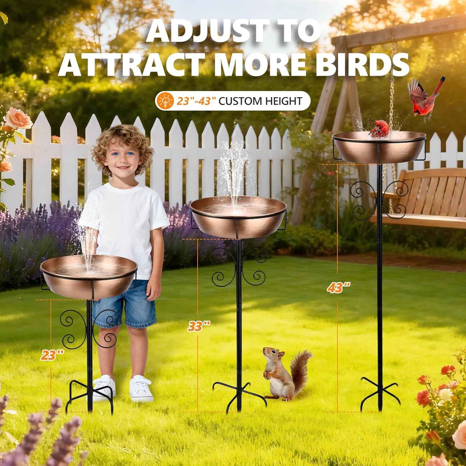 3" Deep 43" Tall Metal Bird Bath for Outdoors, 12" Dia Removable Bird Baths Water Bowl for Outside, Vintage Standing Birdbaths with Stable Stake for Garden Yard Lawn Decor 1.4 Gallon