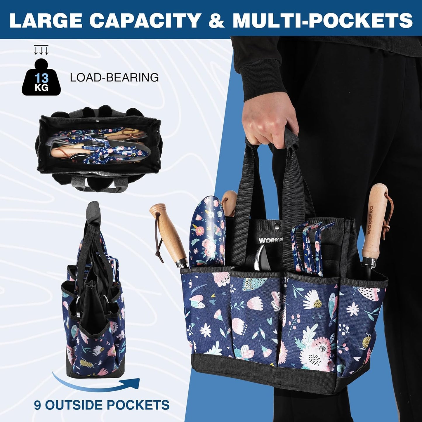 WORKPRO Garden Tool Bag, 9-Pocket Heavy Duty Oxford Tote Bag, Gardening Tool Kit Holder, 12" x 12" x 6" (Blue Insects)