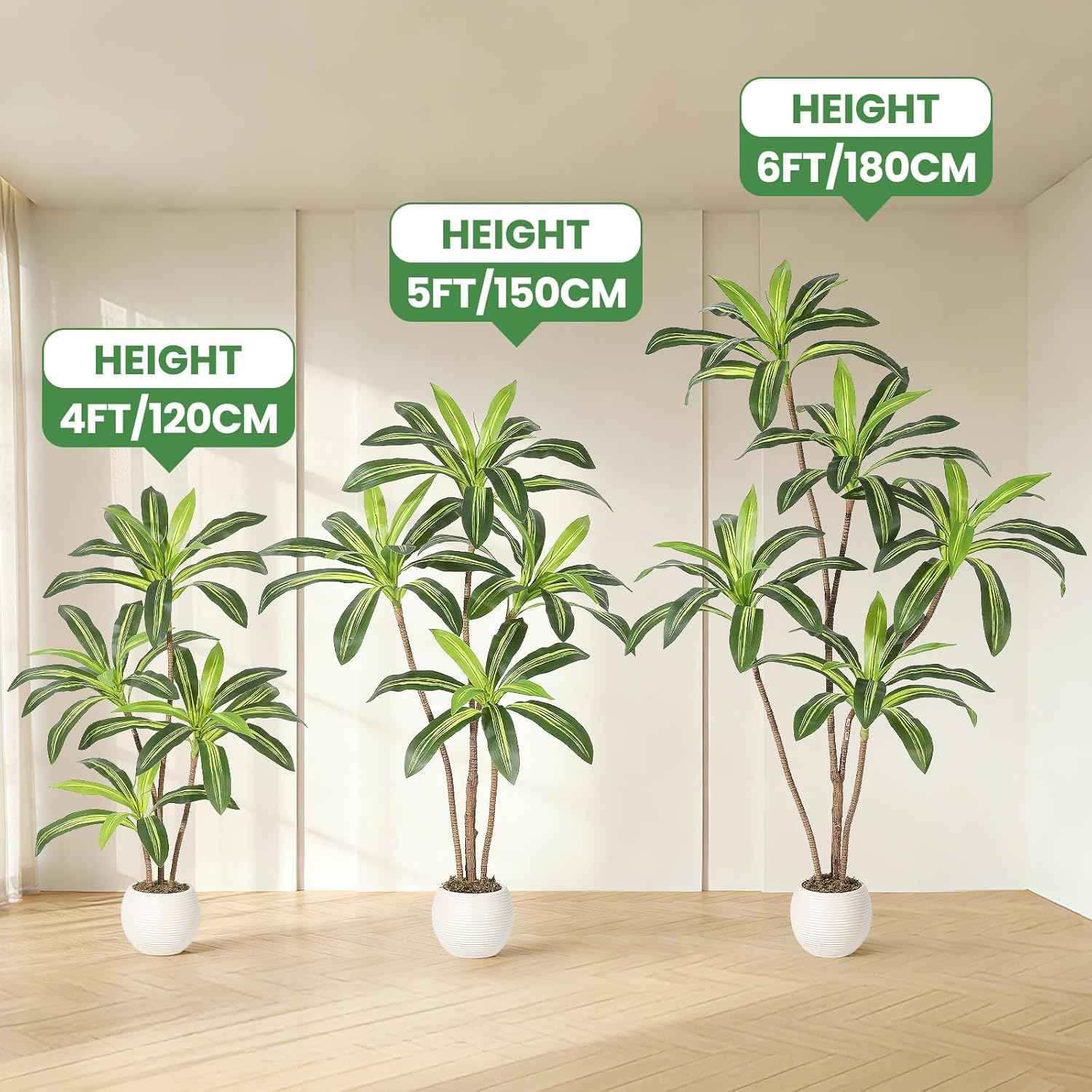 4FT Artificial Dracaena Tree, Artificial Plants Indoor with White Tall Planter, Faux Yucca Silk Tree Fake Tropical Floor Plant in Pot, Fake Plants for Home House Room Office Entryway Porch Decor
