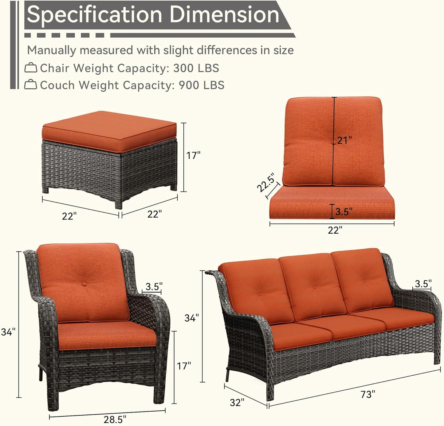 7 Pieces Outdoor Patio Conversation Set, Wicker Furniture Set Includes 3-Seat Sofa, Patio Rattan Dining Chair Set of 4, 2 Ottomans, for Porch, Yard, Mixed Brown Rattan, Orange
