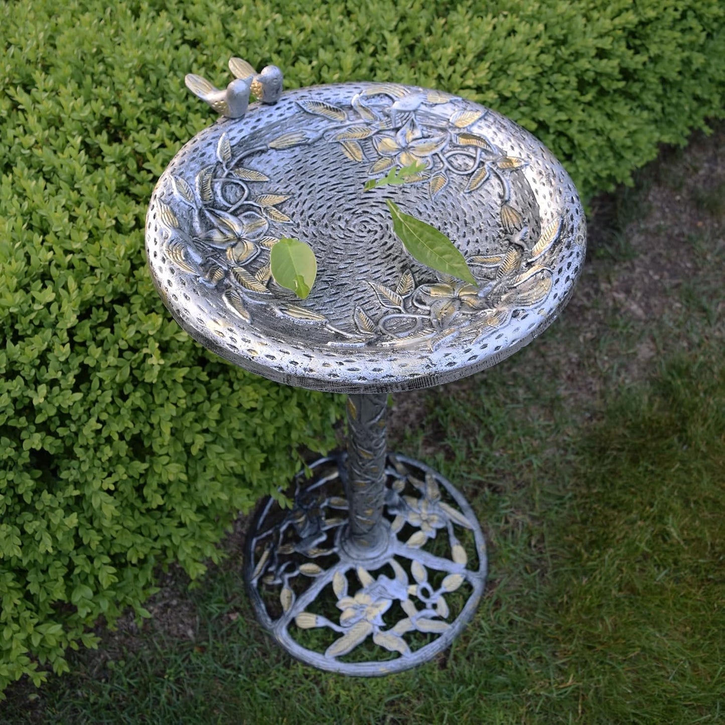 Oakland Living 5131AP Antique Pewter Hummingbird Design Aluminum Birdbath, Silver