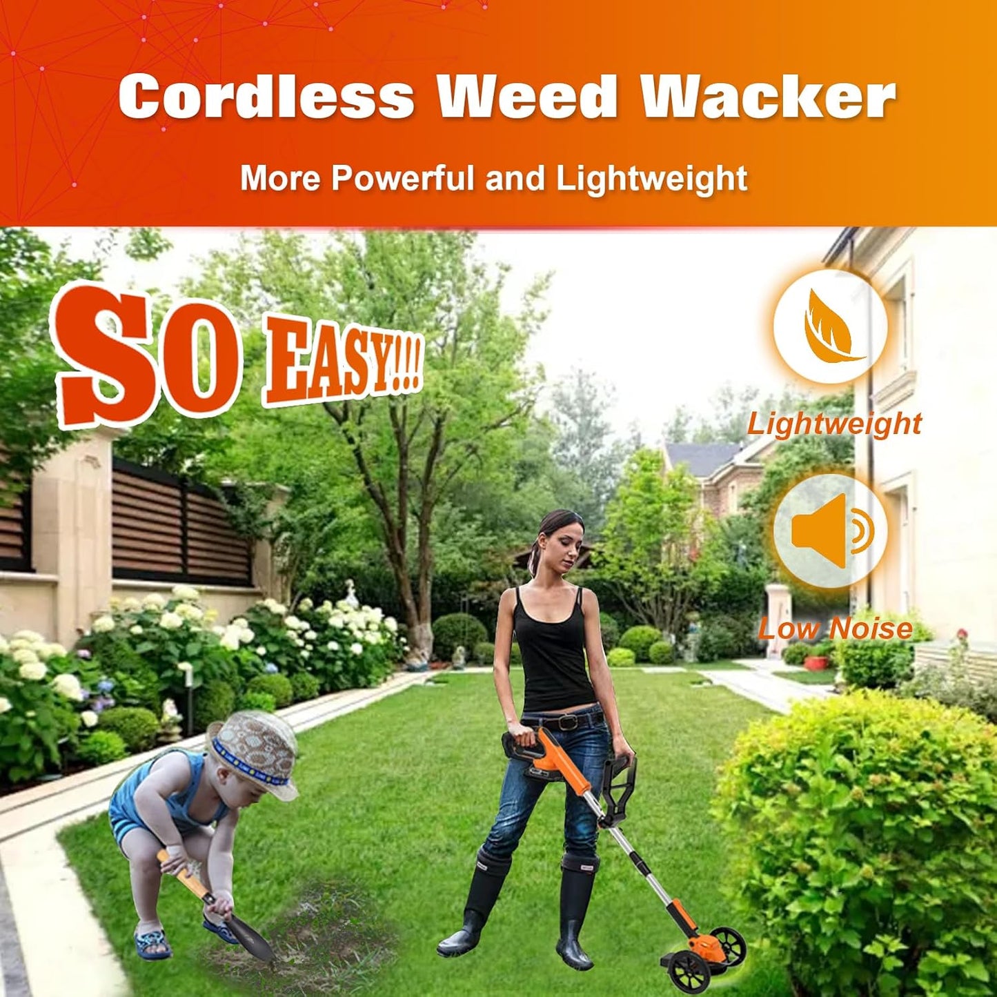 Electric Weed Wacker Eater Cordless Battery Powered, Weed Trimmer 21V Lightweight No-String with 2 Battery Operated & Wheels, 3 in 1 Stringless Grass Trimmer/Edger/Brush Cutter for Garden Yard Lawn
