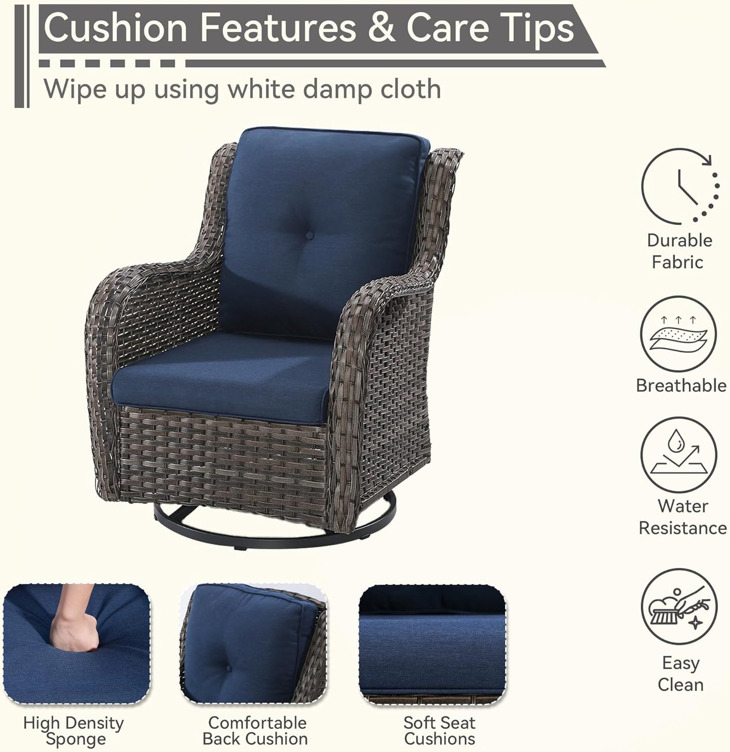 Outdoor Swivel Rocker Patio Chairs Set of 2 - Outdoor Wicker Patio Conversation Sets 2 Pieces with Olefin Fabric Cushions Suitable for Backyard Deck and Porch, Blue