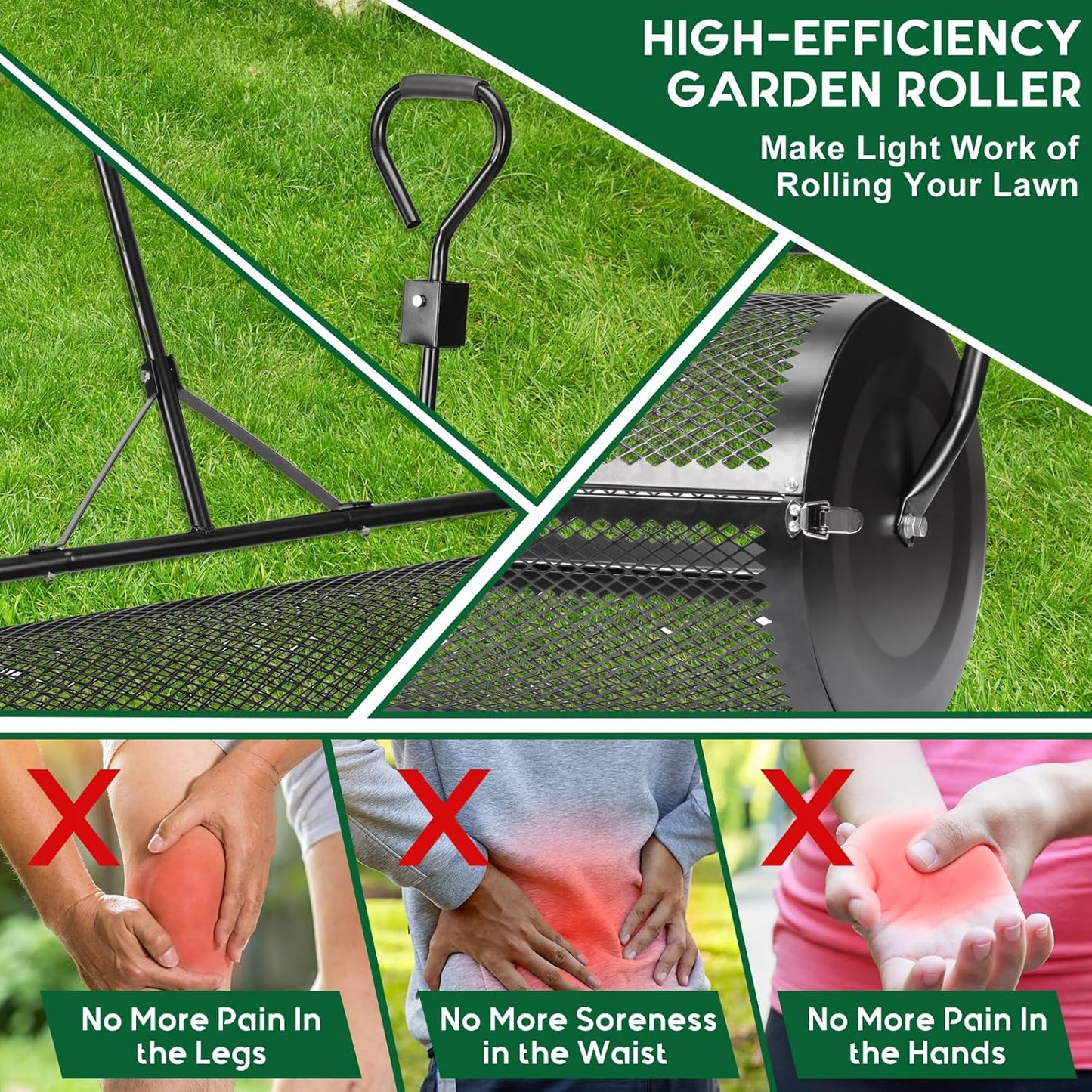 Compost and Peat Moss Spreader with Updated 2 in 1 ATV & T Shaped Handle, 16”WX44”L, Lawn and Garden Peat Moss Roller w/Laser Cutting Wire Mesh Baskets for Spreading Manure, Topsoil