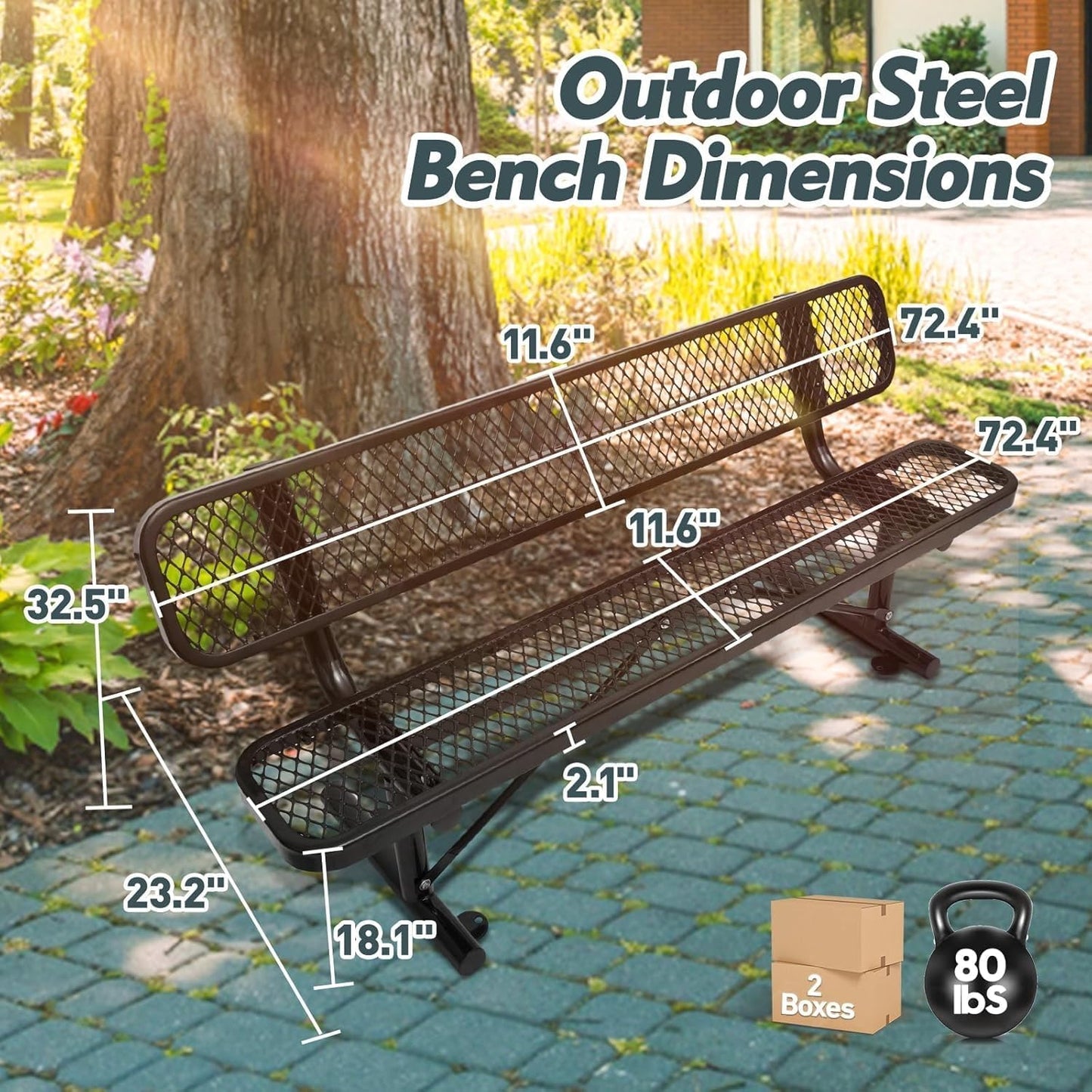 6FT Heavy Duty Park Bench with Back Portable Frame, Outdoor Metal Park Bench with Backrest, Steel Mesh Outdoor Bench for Garden, Lawn, Patio, Porch, Park, Yard (Black, 72.4" L x 23.2" W x 32.5" H)