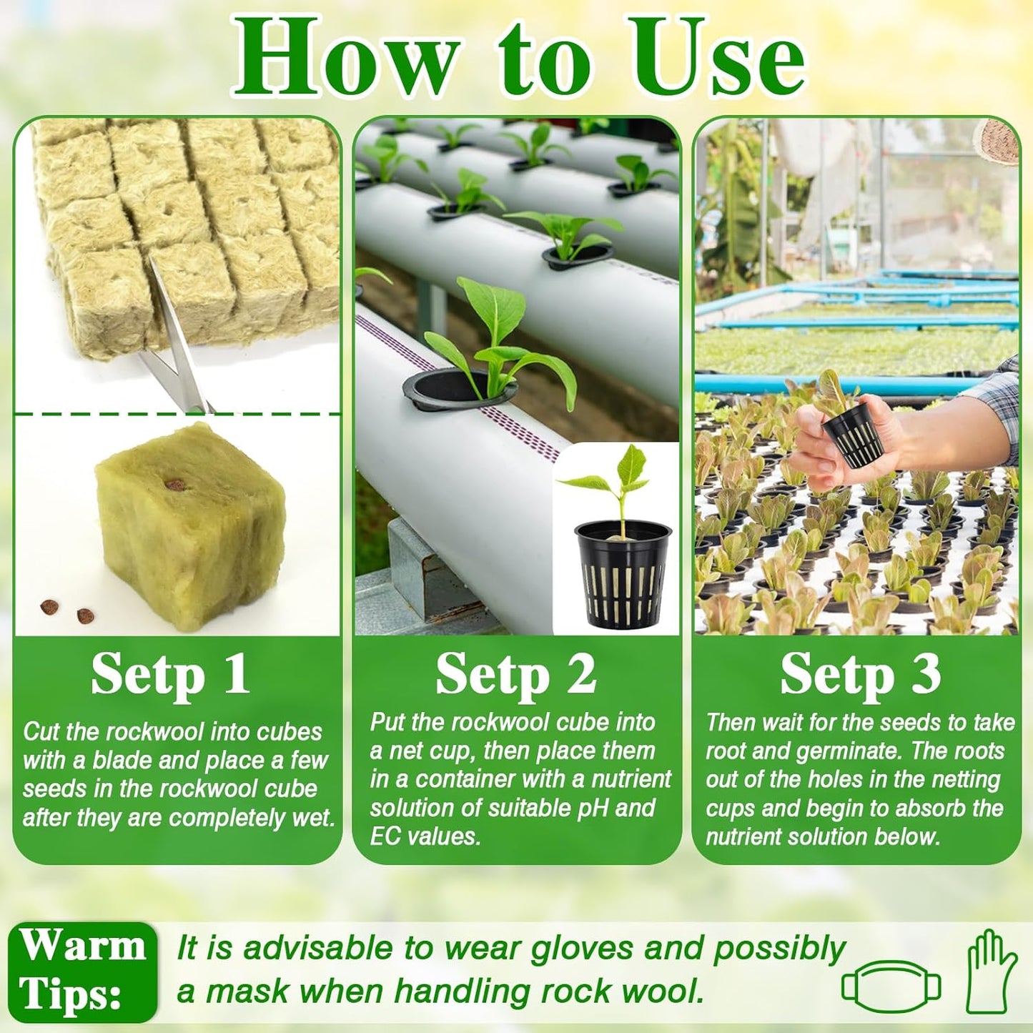 Halatool 24 x 2-Inch Rockwool Cubes & 24 x 3-Inch Net Cups - Hydroponics Starter Kit for Plants Cloning, Seed Starting, and Patio Gardening - Durable, Effective, Great Gift Option