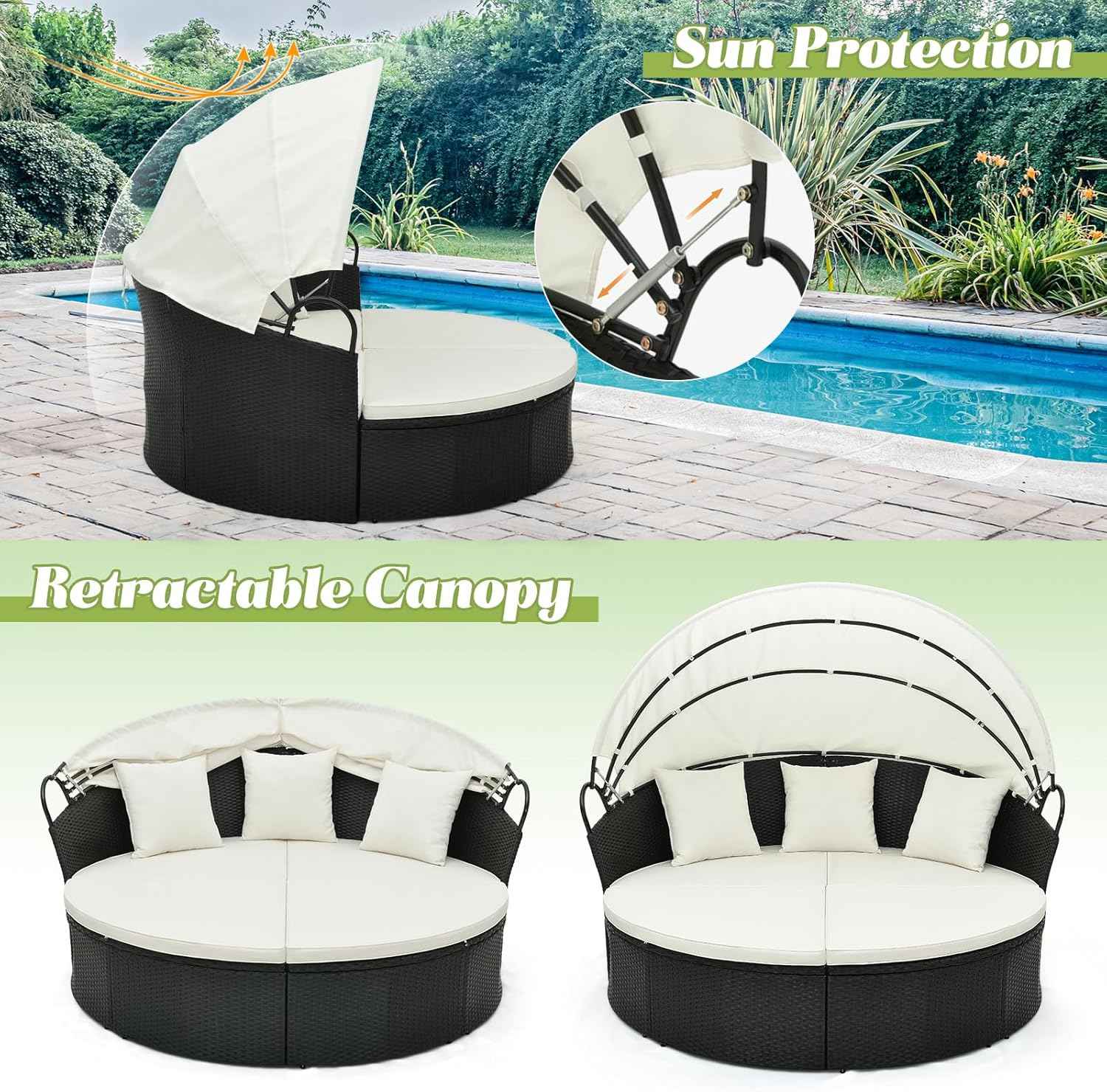 RELAX4LIFE Round Outdoor Daybed with Canopy - Wicker Rattan Sectional Sofa Sunbed w/Cushions & 3 Pillows, Clamshell Conversation Lounger Separated Seating Set for Garden Porch, Patio Day Bed (Beige)