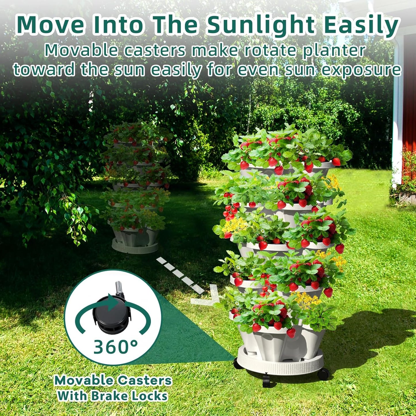 Strawberry Vertical Planters, 6 Tiered Stacking Tower Garden, Stackable Herb Vegetable Planters with Movable Casters and Bottom Saucer Indoor and Outdoor - White