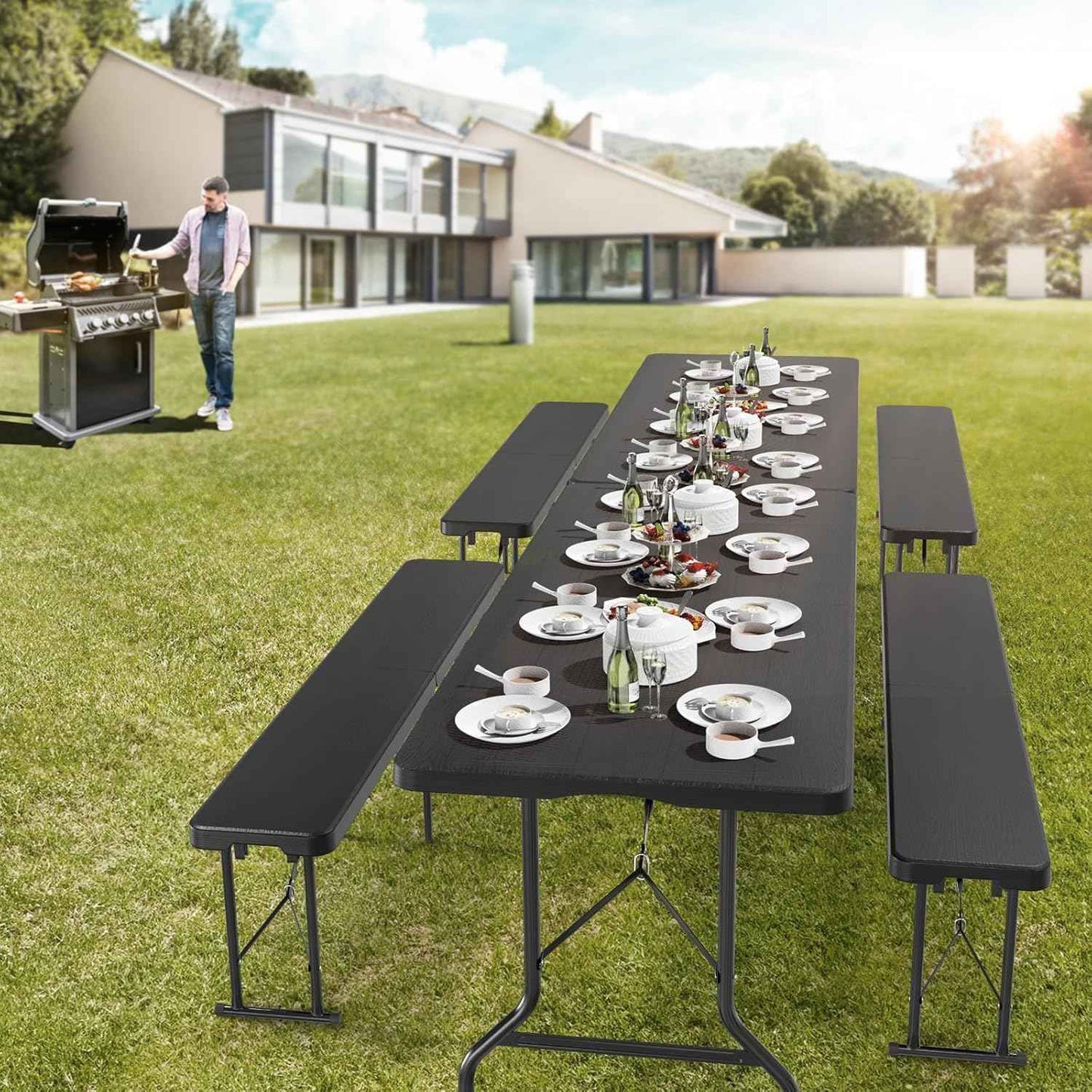 Plastic Folding Bench - Portable Bench Used for Indoor, Outdoor, Picnic, Party, Camping, Dining Seat, Garden Soccer Multipurpose Entertaining Activities, White (2, Black, 8 Feet)