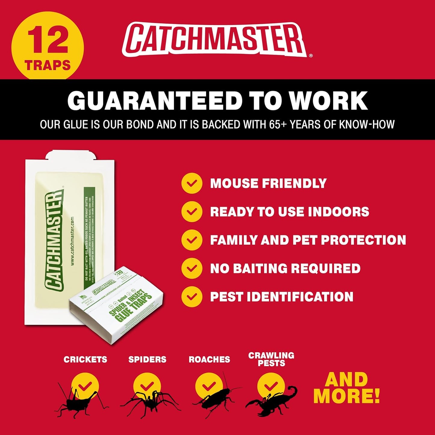 Catchmaster Crawling Pest & Insect Glue Traps 12-Count (3 Packs of 4), Insect Traps Indoor for Home, Pest Control Glue Boards, Adhesive Tray for Bugs, Spiders, Crickets, Roaches, & Ants