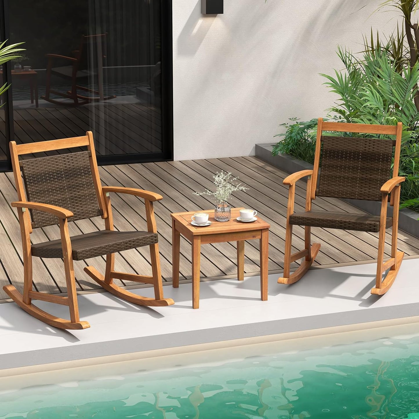 3 Pieces Rocking Chair Set, Acacia Wood Rocking Set with Coffee Table, Wicker Seat & Backrest, Patio Bistro Set Outdoor Conversation Set for Balcony, Garden, Backyard & Poolside