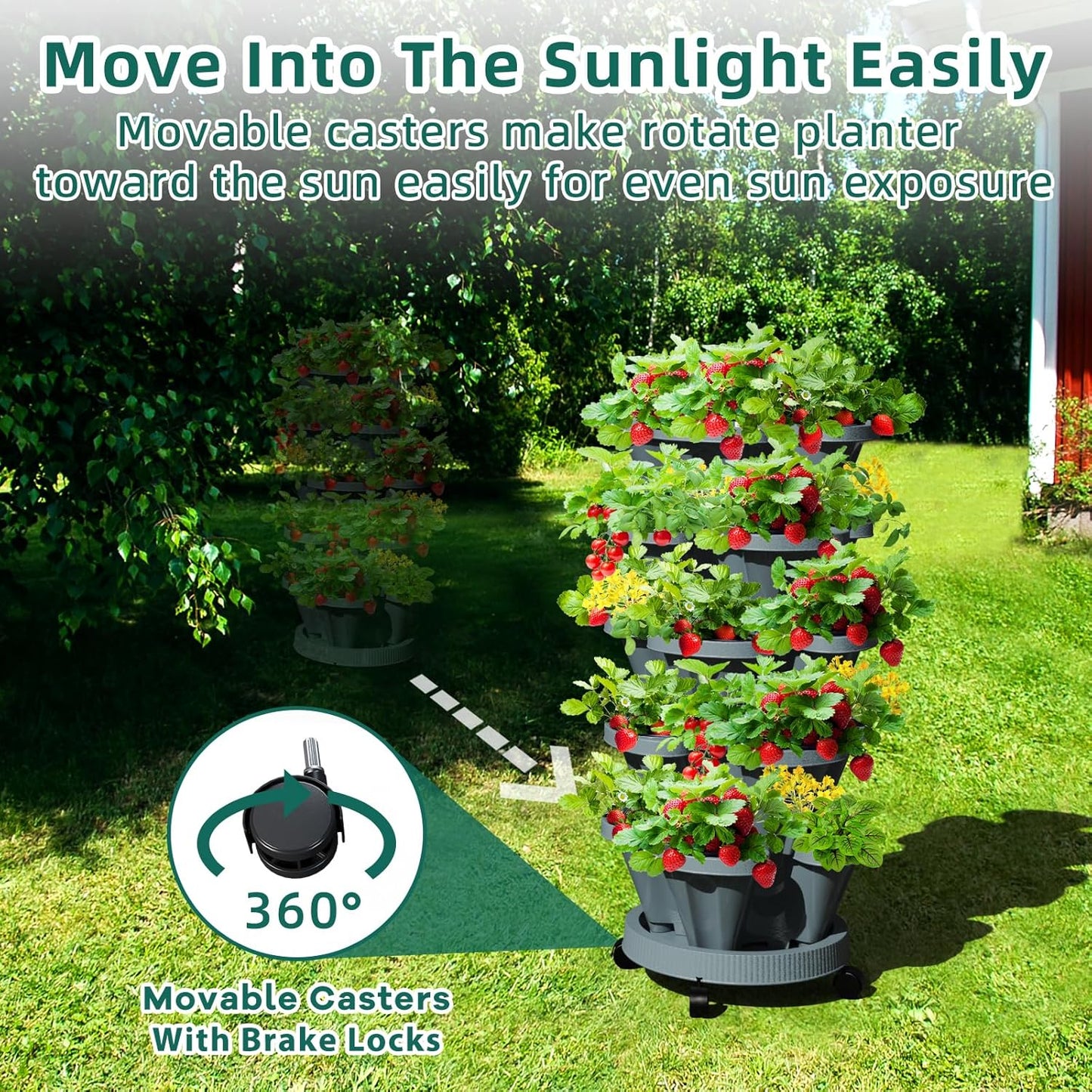 Strawberry Vertical Planters Tower Garden, 6 Tiered Stacking Planter with Support Pole, Stackable Herb Vegetable Planters Indoor and Outdoor - Dark Grey