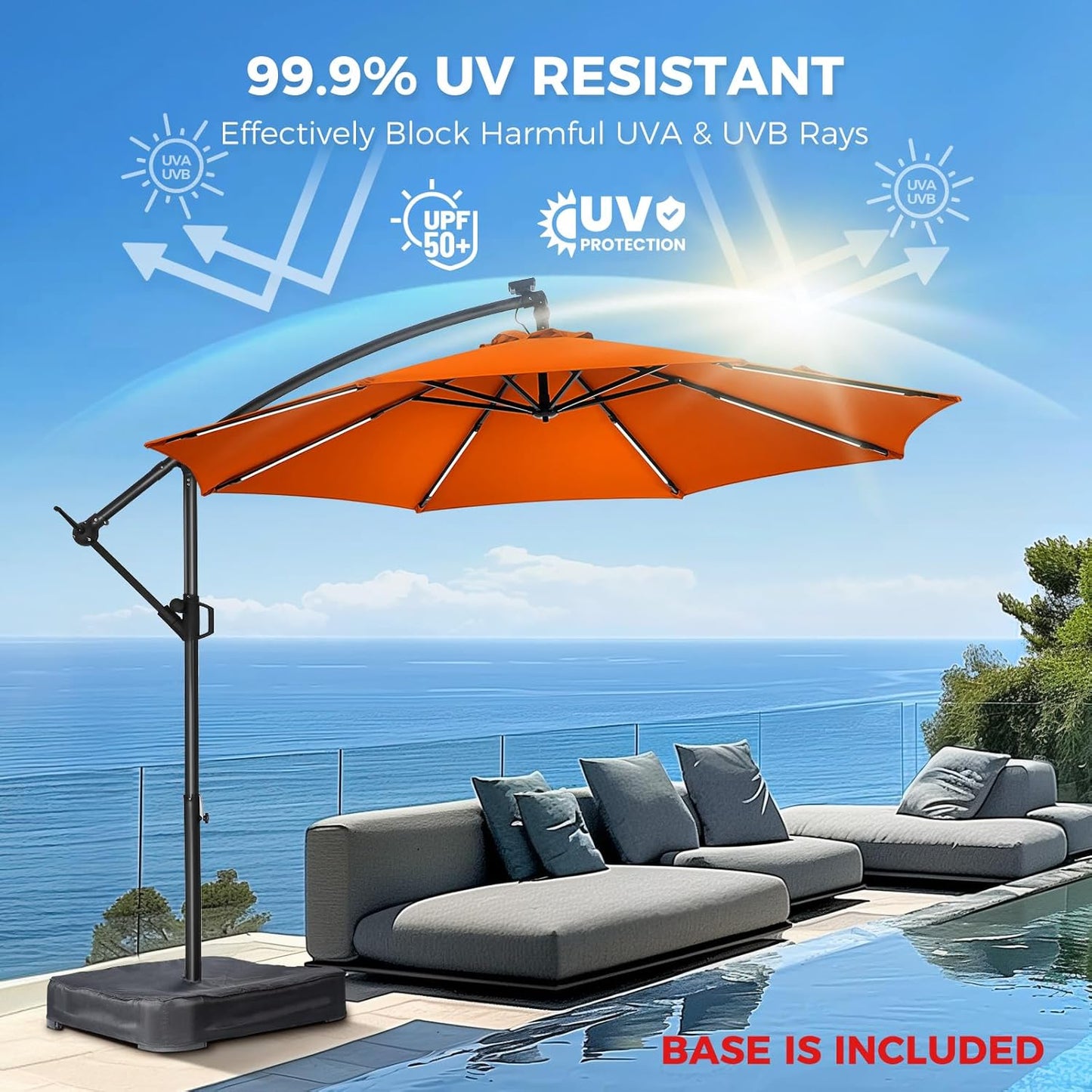 HOMSHADE 10ft Solar Lights Offset Cantilever Patio Umbrella - with Light and Base, LED Lighted Offset Hanging Patio Outdoor Market Umbrella UPF50+ UV Protection with Easy Tilt and Crank (Orange)