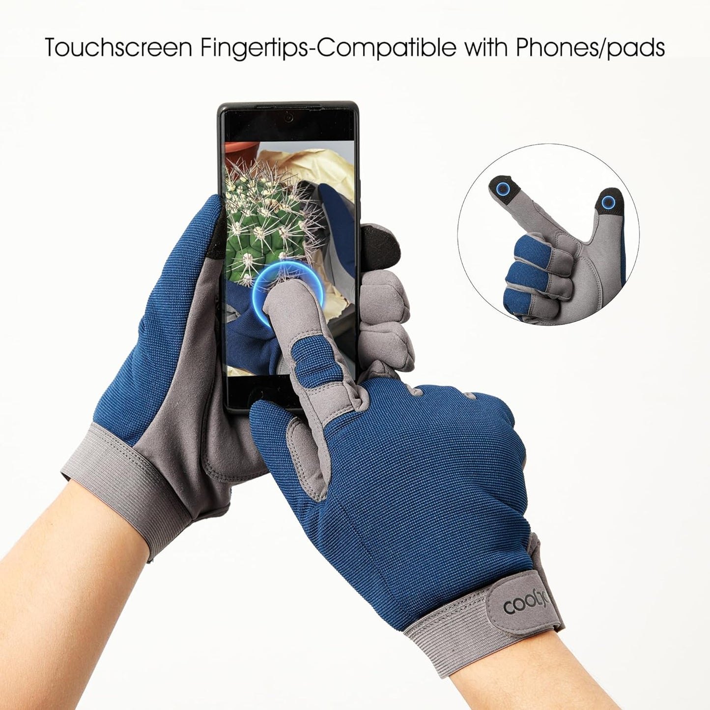 COOLJOB Thorn Proof Garden Gloves with Touchscreen Fingers for Men, Rose Pruning Work Gloves with Palm Cushion for Gardener, Farmer and Landscaper (Navy 1 Pair XL)