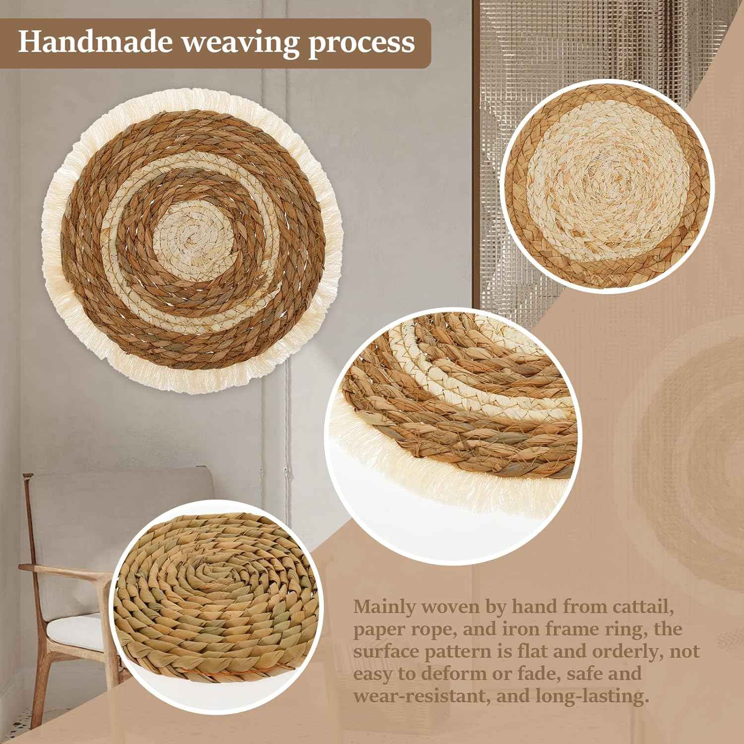 7 Pack Boho Wall Basket Decor,Seagrass Rattan Wicker Boho Wall Decor,Hanging Woven Wall Basket Decor,Round Flat Seagrass Baskets Wall Art, Round Wall Art for Farmhouse Bedroom Living Room Display
