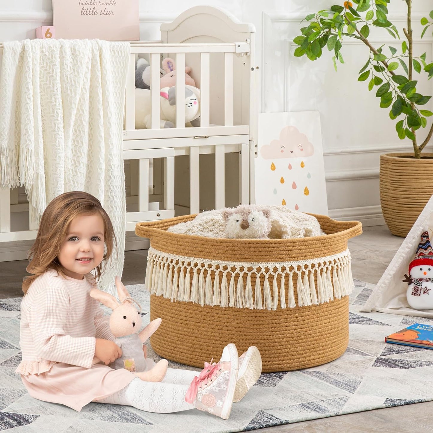 KAKAMAY Large Blanket Basket (20"x13"),Woven Baskets for storage Baby Laundry Hamper, Cotton Rope Blanket Basket for Living Room, Laundry, Nursery, Pillows, Baby Toy chest (Brown Fringe)