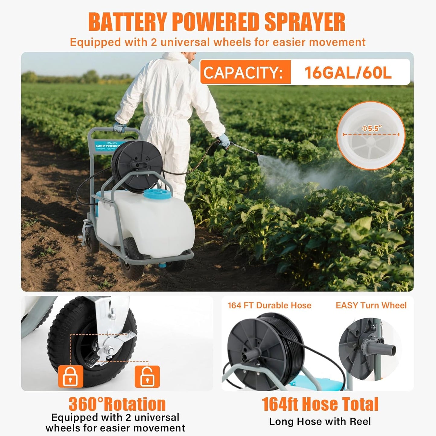 16 Gallon Battery Powered Sprayer with Wheeled Cart,0-90PSI,5-6h Spray Time,164FT Hose with Reel,Adjustable HD Wand and 10 Nozzles, Rotating Wheels with Brake for Lawn & Garden Spraying,Cleaning