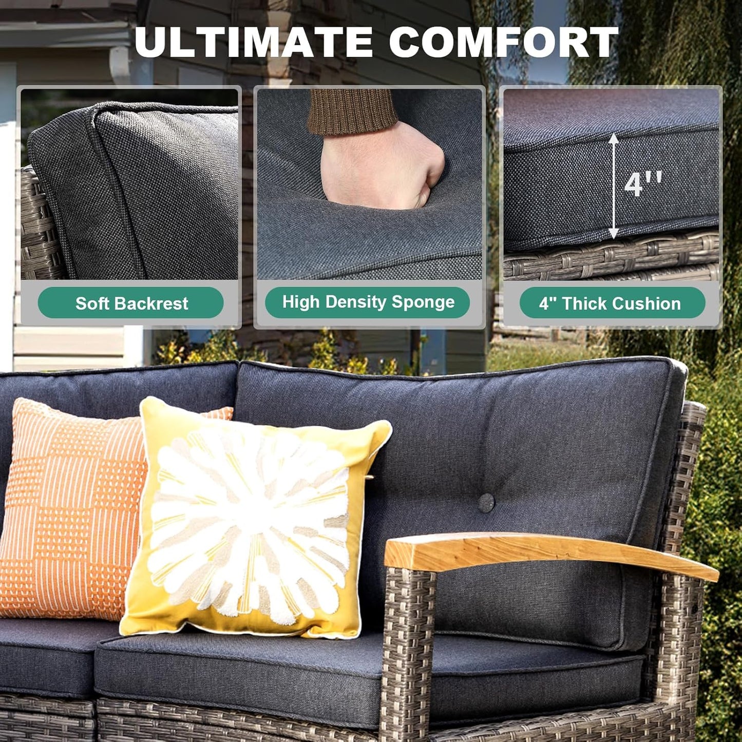 8 Piece Outdoor Patio Furniture Set, Half-Moon Curved Sectional Set with Wood Armrests, Patio Conversation Set, 2 Half-Moon Ottomans, Round Table & Side Table (Grey)