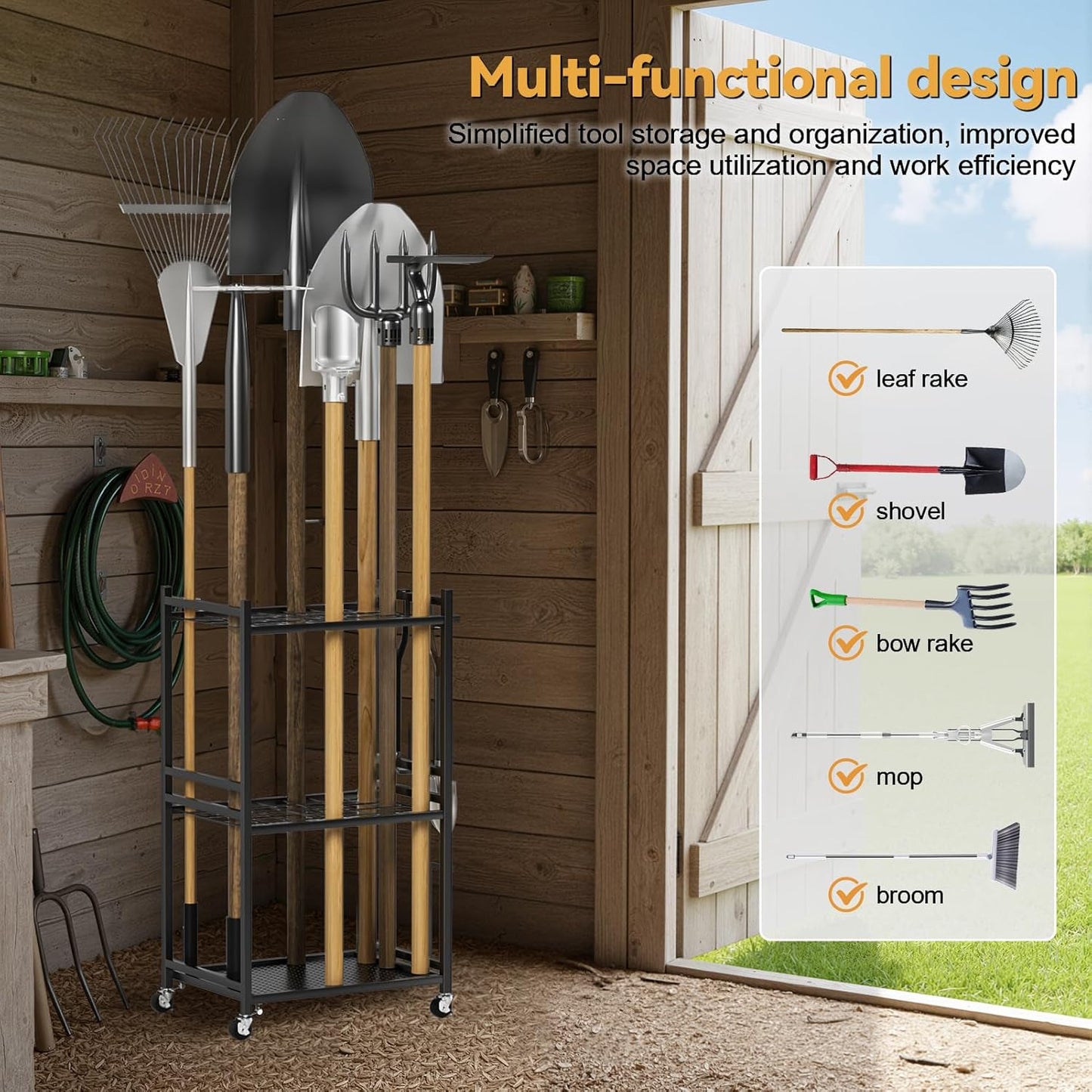 35-Slot Yard Tool Organizer, Garden Tool Rack for Garage, 4 Lockable Wheels & Adjustable Feet, Heavy-Duty Steel Storage Holder for Shovels, Rakes, Brooms & Mops