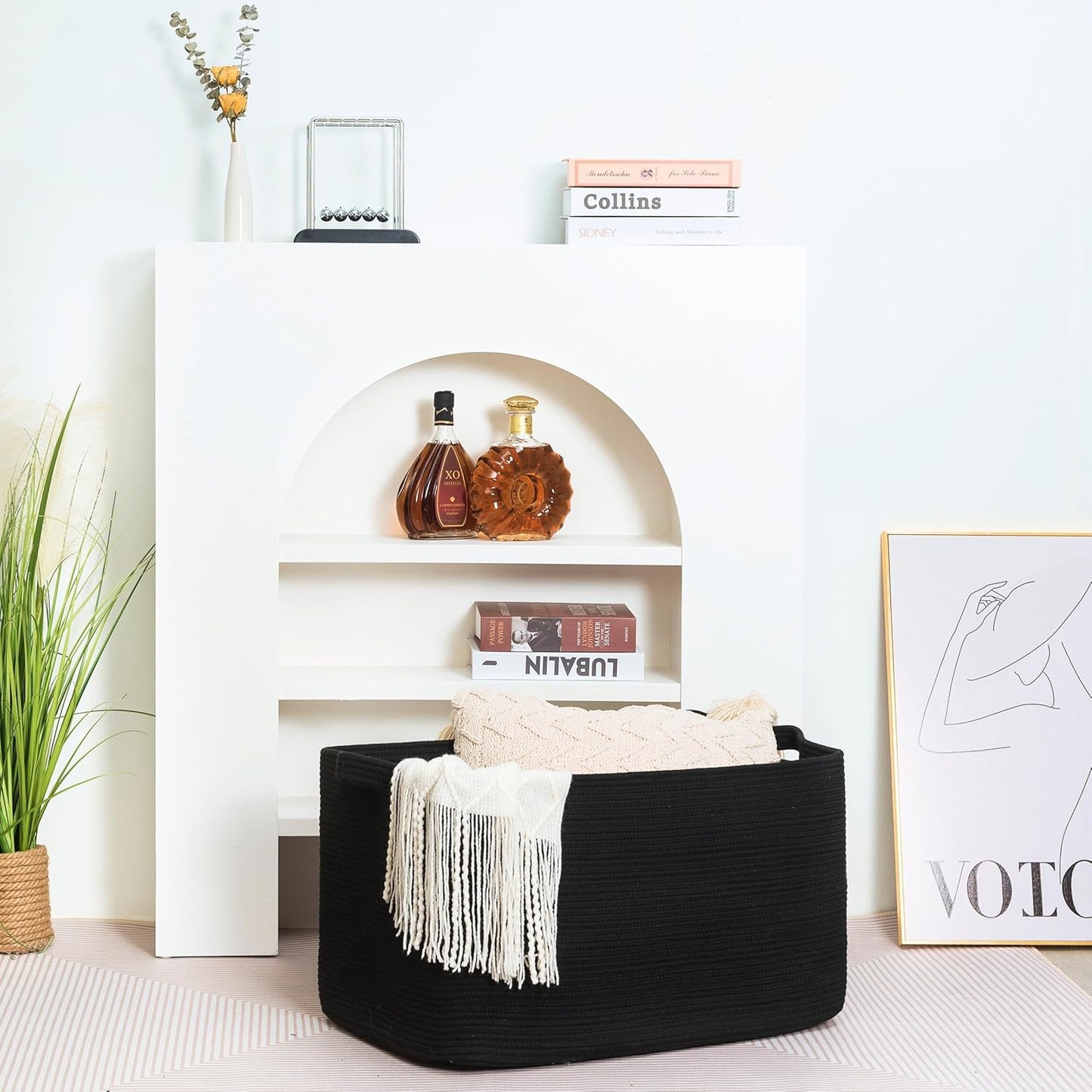 MINTWOOD Design 22in Extra Large Blanket Basket Holder Living Room, Rectangle Rope Woven Storage Basket with Handles for Laundry, Pool Towels, and Shoes, Dog Toy Organizer Bin Box, Full Black