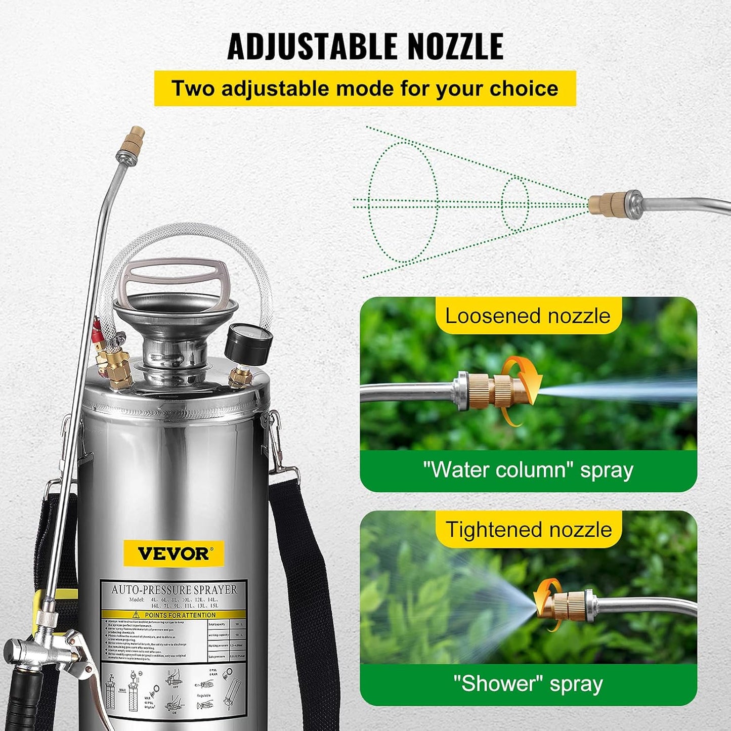 Happybuy 3 Gallon Stainless Steel Sprayer, 20" Wand & 3FT Reinforced Hose, Hand Pump Sprayer with Pressure Gauge, Safety Valve & Adjustable Nozzle, Weed Sprayers for Lawn, Gardening & Sanitizing