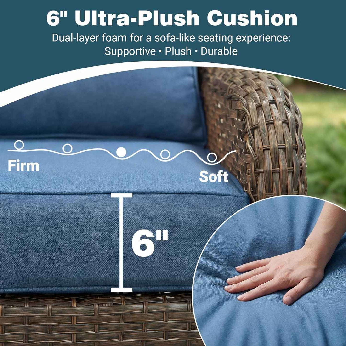 Patio Furniture Set, 7PCS Outdoor Wicker Conversation Set with 6" Thick Cushions, High Back Rattan Sofa & Swivel Rocker Chairs, Weather Resistant Olefin Fabric for Garden, Poolside, Navy Blue