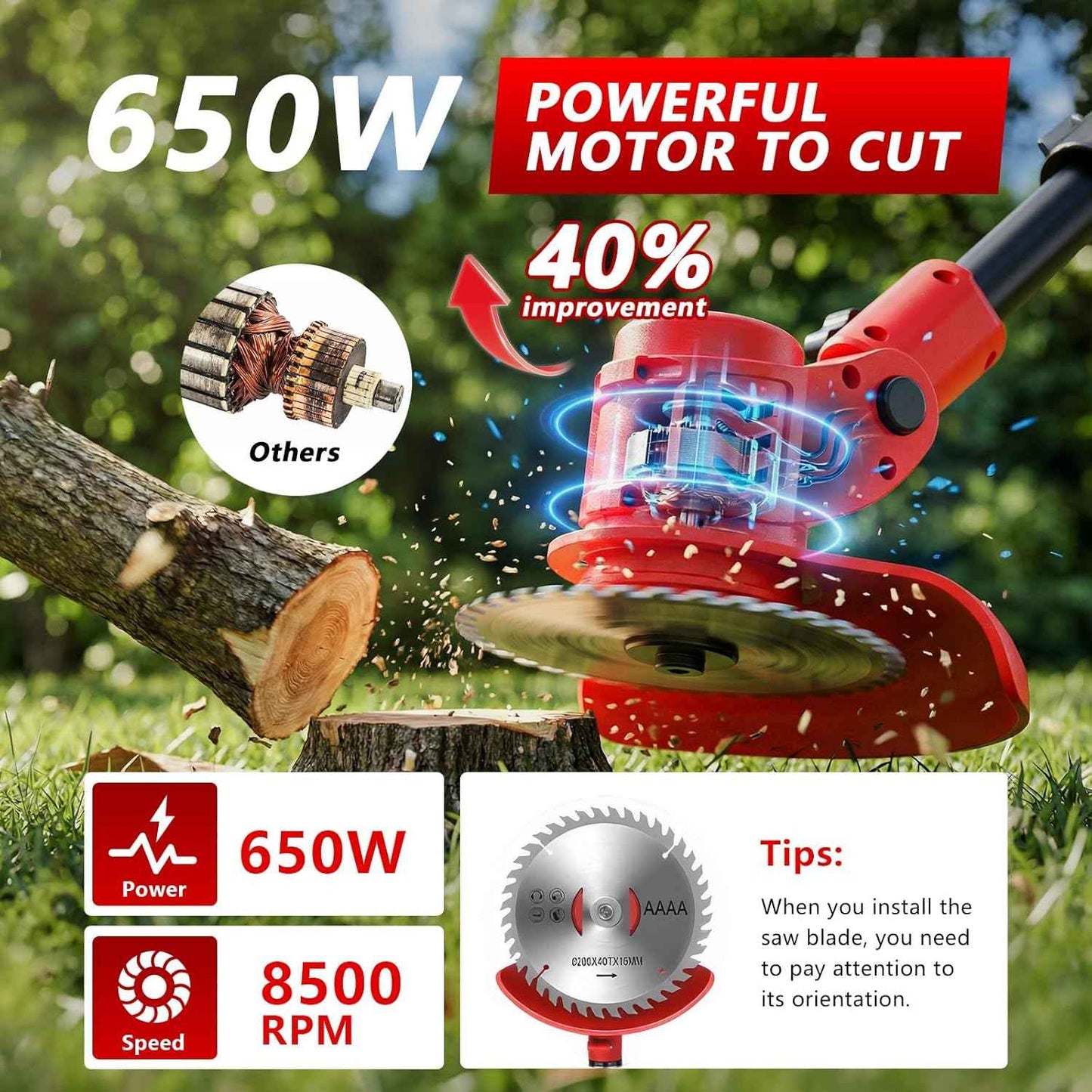 Electric Weed Wacker Cordless, 4000mAh Weed Eater Battery Powered with Wheel, 4 in 1 Grass Trimmer/Heavy Duty Brush Cutter/Lawn Edger/Weed Trimmer, No String Trimmer with Blade, 2 Battery Garden Tool