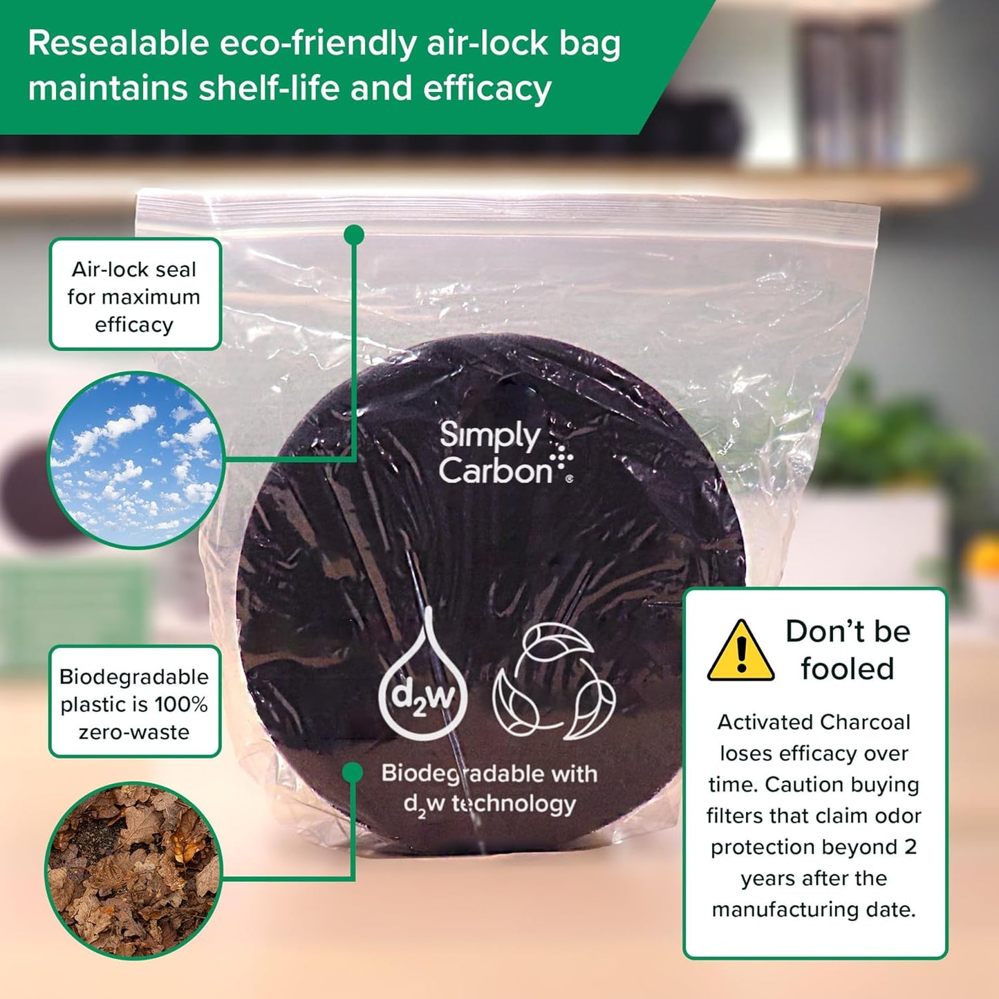 2 Years Supply Extra Thick Filters for Kitchen Compost Bins - Longer Lasting Activated Charcoal - Universal Size Fits ALL Compost Bins up to 7.25" Filter Size - Replacement Set of 6 (by Simply Carbon)