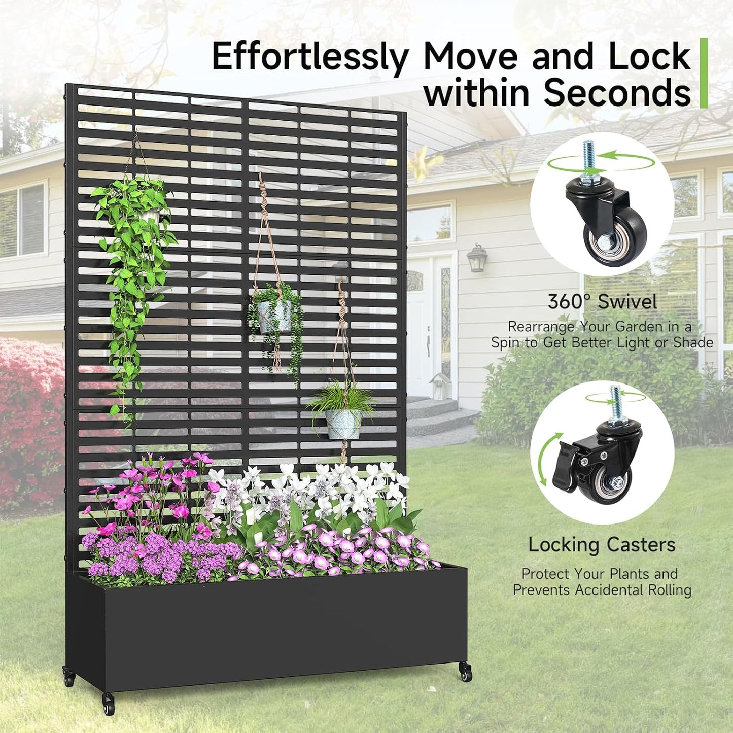 Metal Raised Garden Bed with Trellis and Wheels, 73" x 47" x 16" Planter Box with Trellis with Drainage Holes, Privacy Planters for Patio with Privacy Screen for Climbing Plants Flower Vegetables
