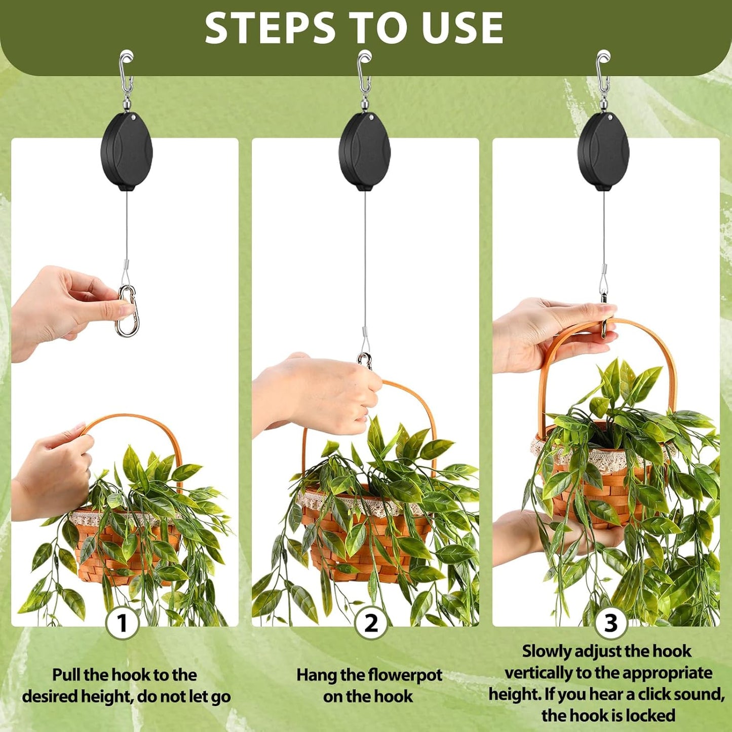 Leinuosen 4 Pack Upgraded Plant Pulleys for Hanging Plants Heavy Duty Retractable Plant Hanger, 304 Stainless Steel Rope Adjustable Climbing Hook for Garden Baskets Pots, Birds Feeder (Black)