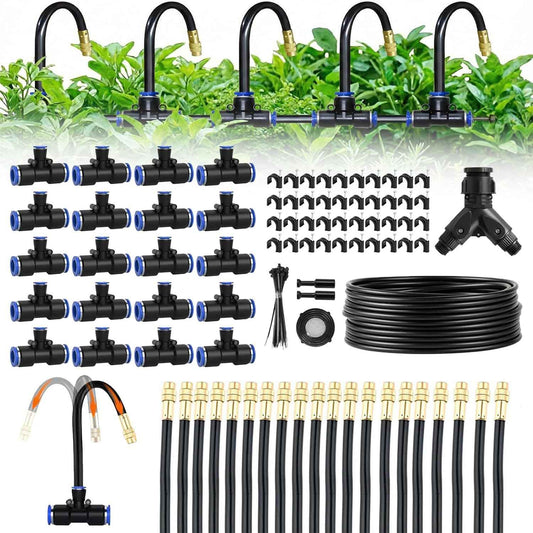 100ft 1/4-Inch Drip Irrigation Kit with 16 Adjustable Copper Nozzles, Automatic Atomizing Watering Sprinkler System for Garden, Raised Beds, Lawn, Greenhouse & Patio