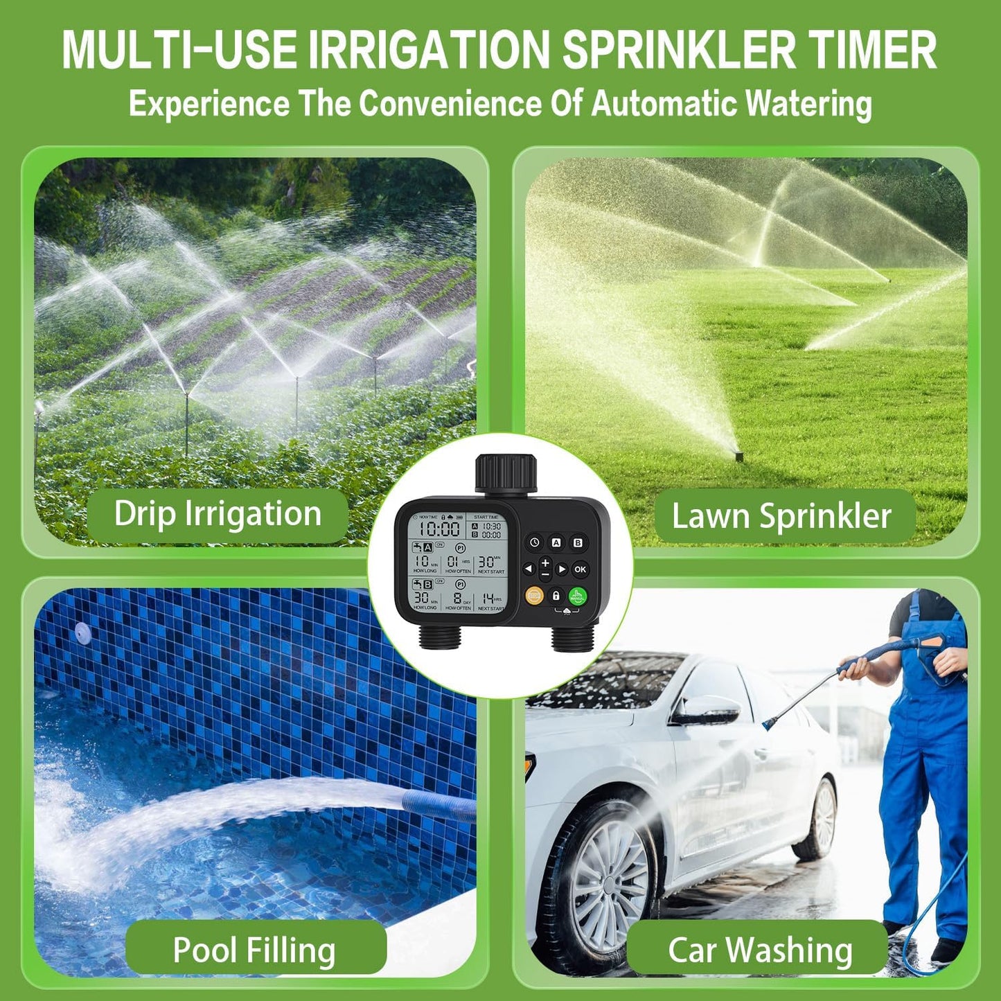 Sprinkler Timer 2 Outlets, Programmable Water Hose Timer with Rain Delay/Manual/Automatic Watering System, Outdoor Digital Automatic Irrigation for Garden Yard Lawn with Large Display(Black)