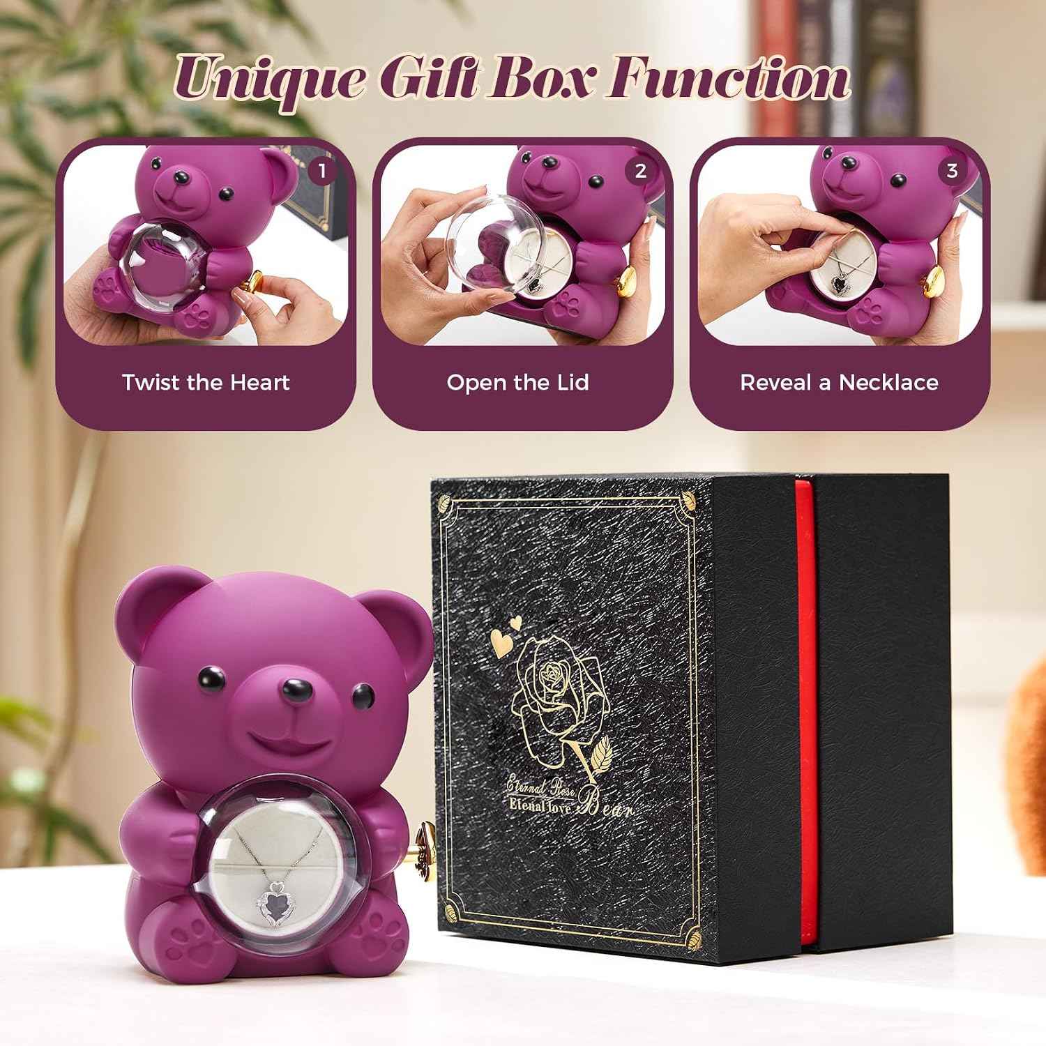 Mikasol Romantic Teddy Purple Bear with Preserved Rose - Real Rose in Elegant Black Gift Box for Anniversaries, Weddings, Bridal Showers, and Mother's Day