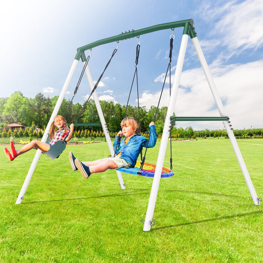 Hapfan 7.5ft Tall Swing Sets for Backyard, 500lbs Heavy Duty Swing Set for Kids and Adults with Spider Swing and Belt Swing, Outdoor Playground Sets for Backyards (Green and White)