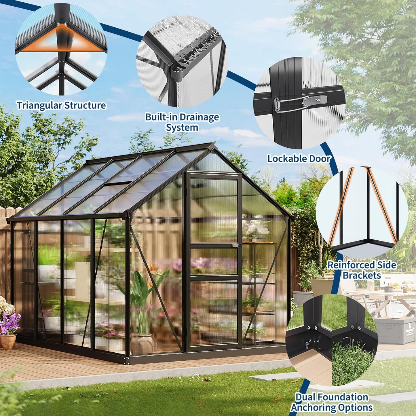GarveeLife Greenhouse, 8×6FT Greenhouses for Outside, Polycarbonate Greenhouse with Aluminum Frame, Lockable Door and Ajustable Roof Vent for Backyard, Green Houses for Outside Garden Backyard, Patio