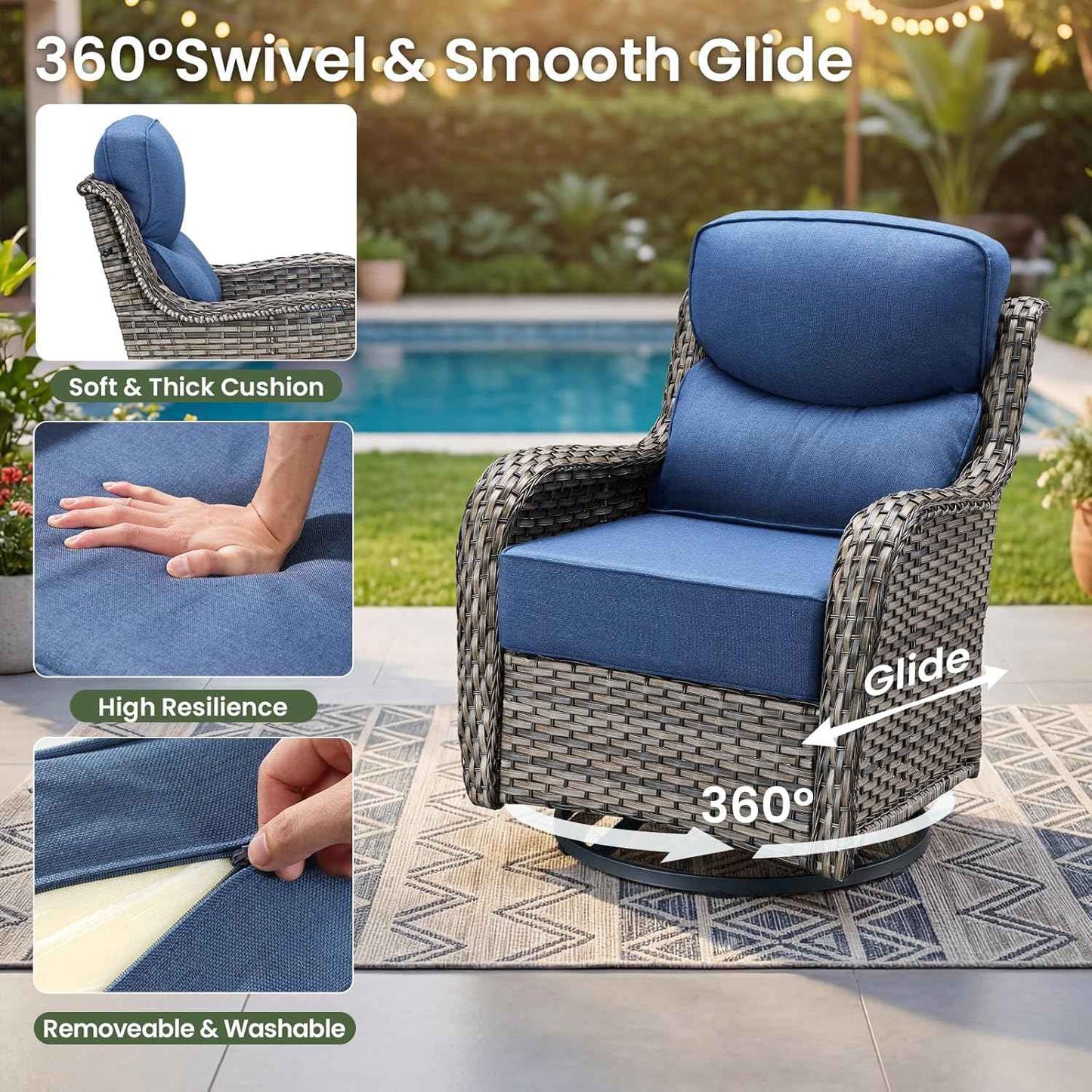 Luxury Patio Furniture Set with 6-inch Thick Cushion, Outdoor Furniture with Fire Pit Table, Swivel Chairs, Side Table, Sofa, 5pcs Wicker Conversation Set for Deck Yard Grey Wicker | Blue Cushion