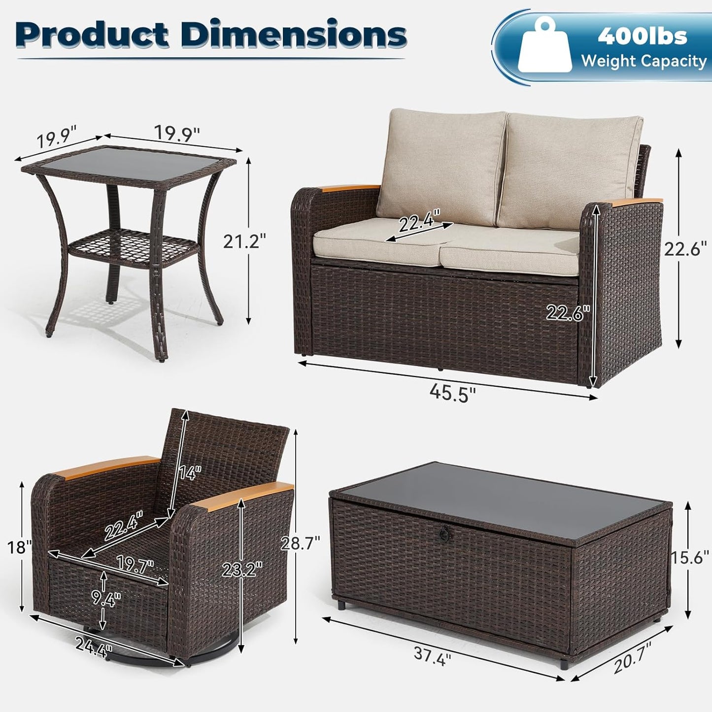 5 Pieces Outdoor Furniture Set with Swivel Chairs, Patio Wicker Patio Furniture Sets for Porch Deck Bistro Lawn Garden Backyard Poolside-Khaki