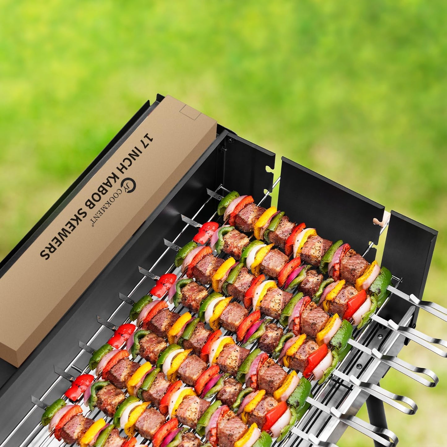 Kabob Skewers 17" Stainless Steel Long BBQ Barbecue Skewers, Flat Metal Kebob Sticks Wide Reusable Grilling Skewers for Meat Chicken,Set of 12 with Storage Bag