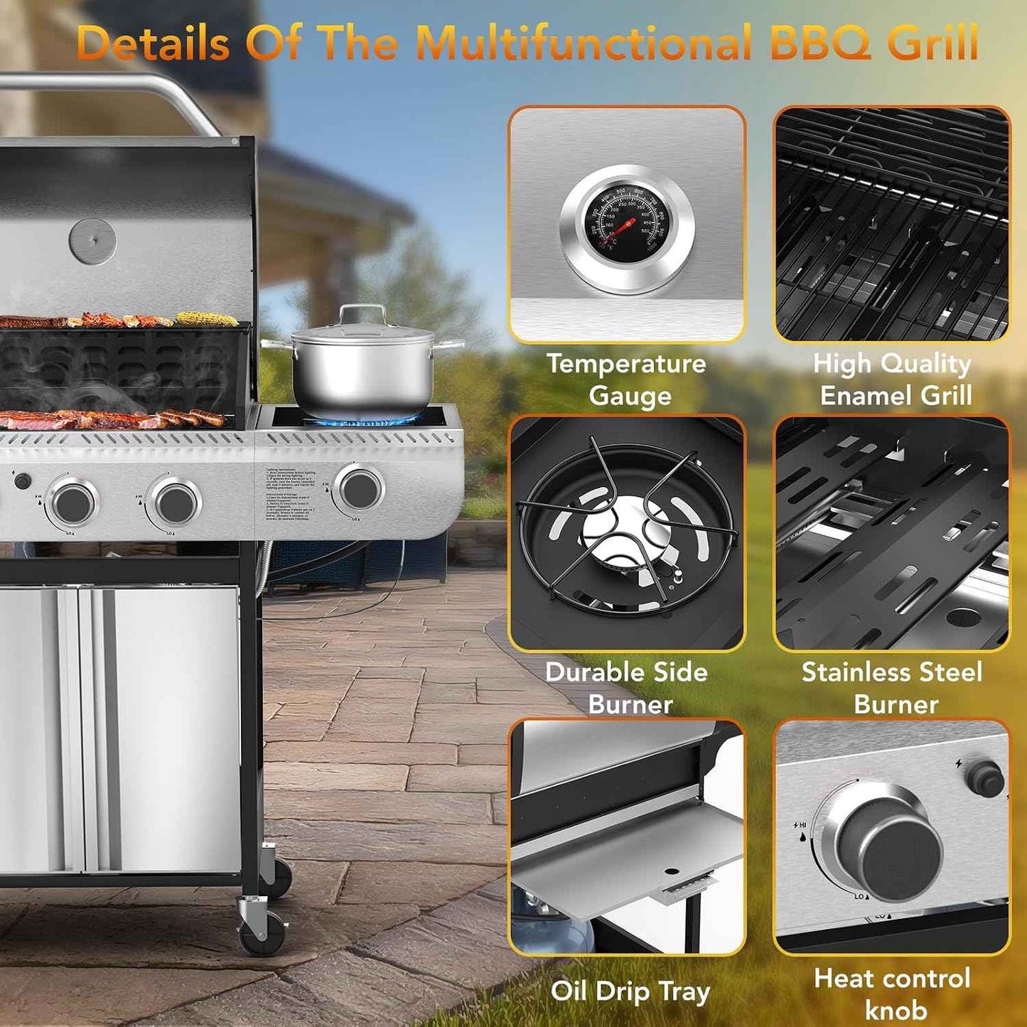 3-Burner Propane Gas Grill with Side Burner,Stainless Steel BBQ Grill with Porcelain-Enameled Cast Iron Grates,37000 BTU Barbecue Grill, Suitable for Patio,Camping,Outdoor Cooking